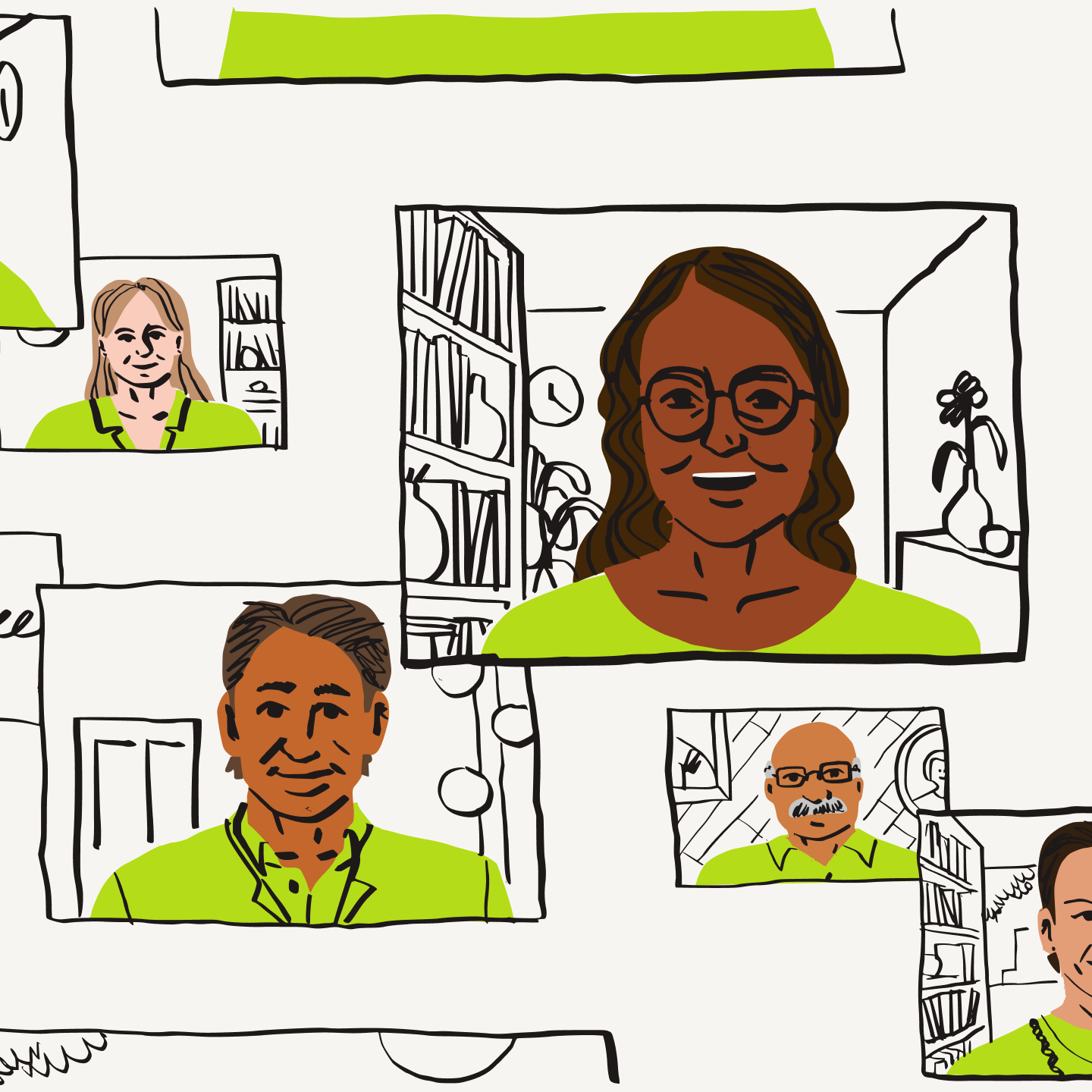 Una ilustración de un equipo de personas en una teleconferencia web