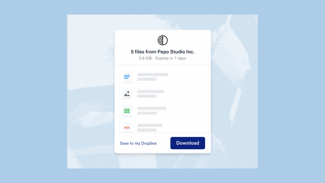Animated screenshot showing different logos and backgrounds in Dropbox Transfer