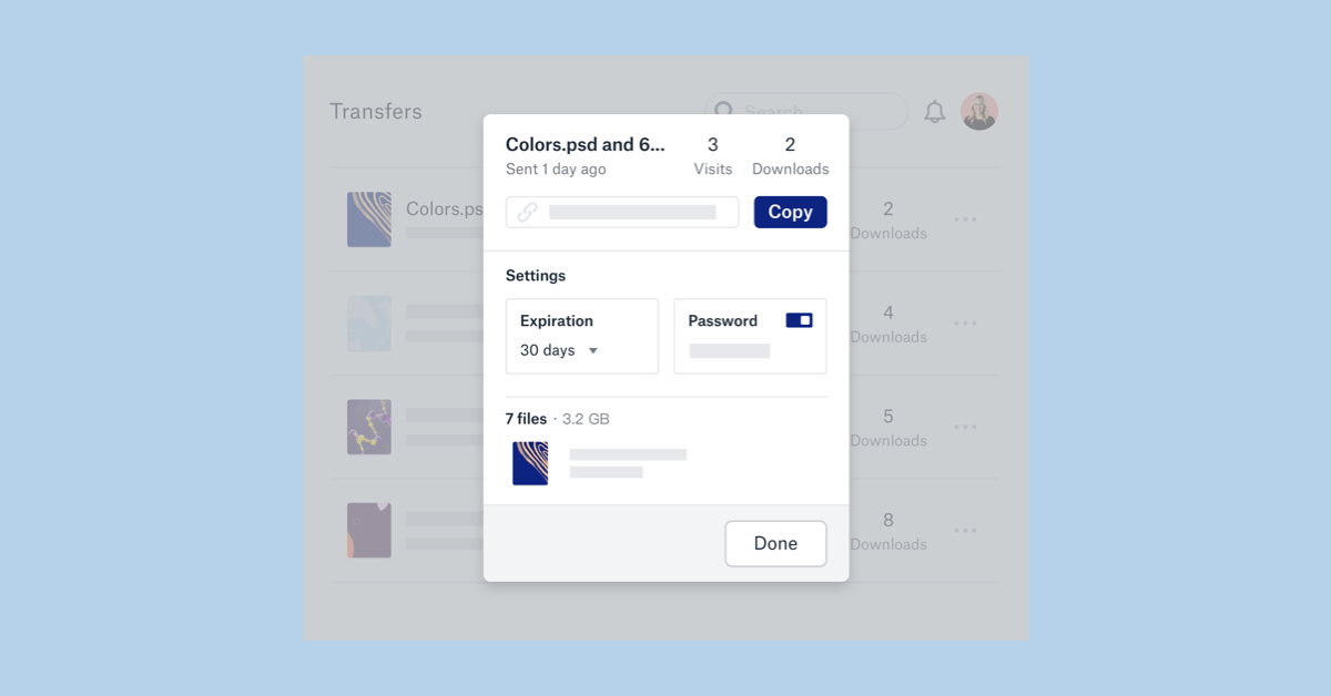 ภาพหน้าจอสถิติการดูและการตั้งค่าการโอนย้ายใน Dropbox Transfer