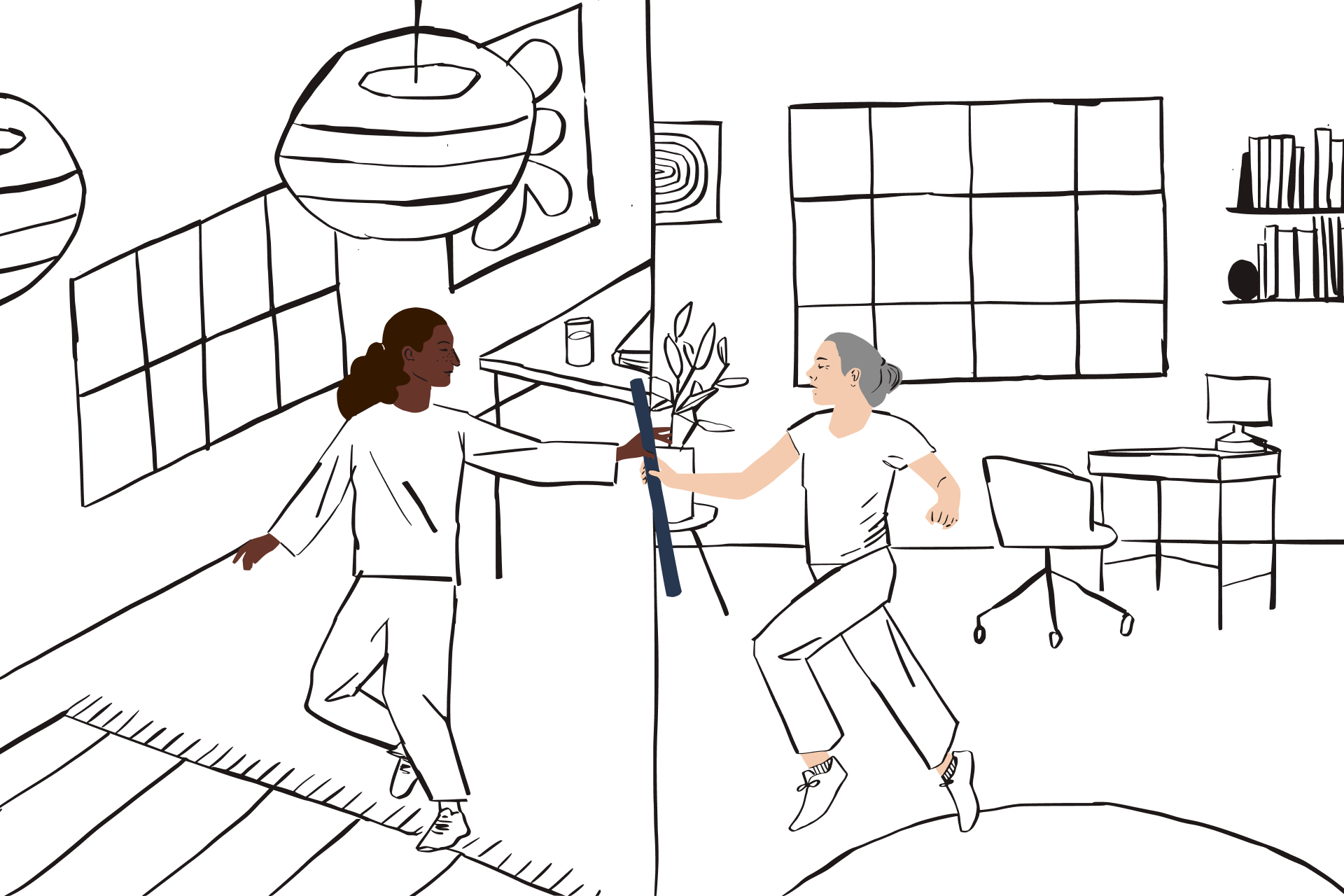 Ilustración con arte lineal de una persona pasando un testigo desde una oficina en casa a otra persona que está en un espacio distinto.