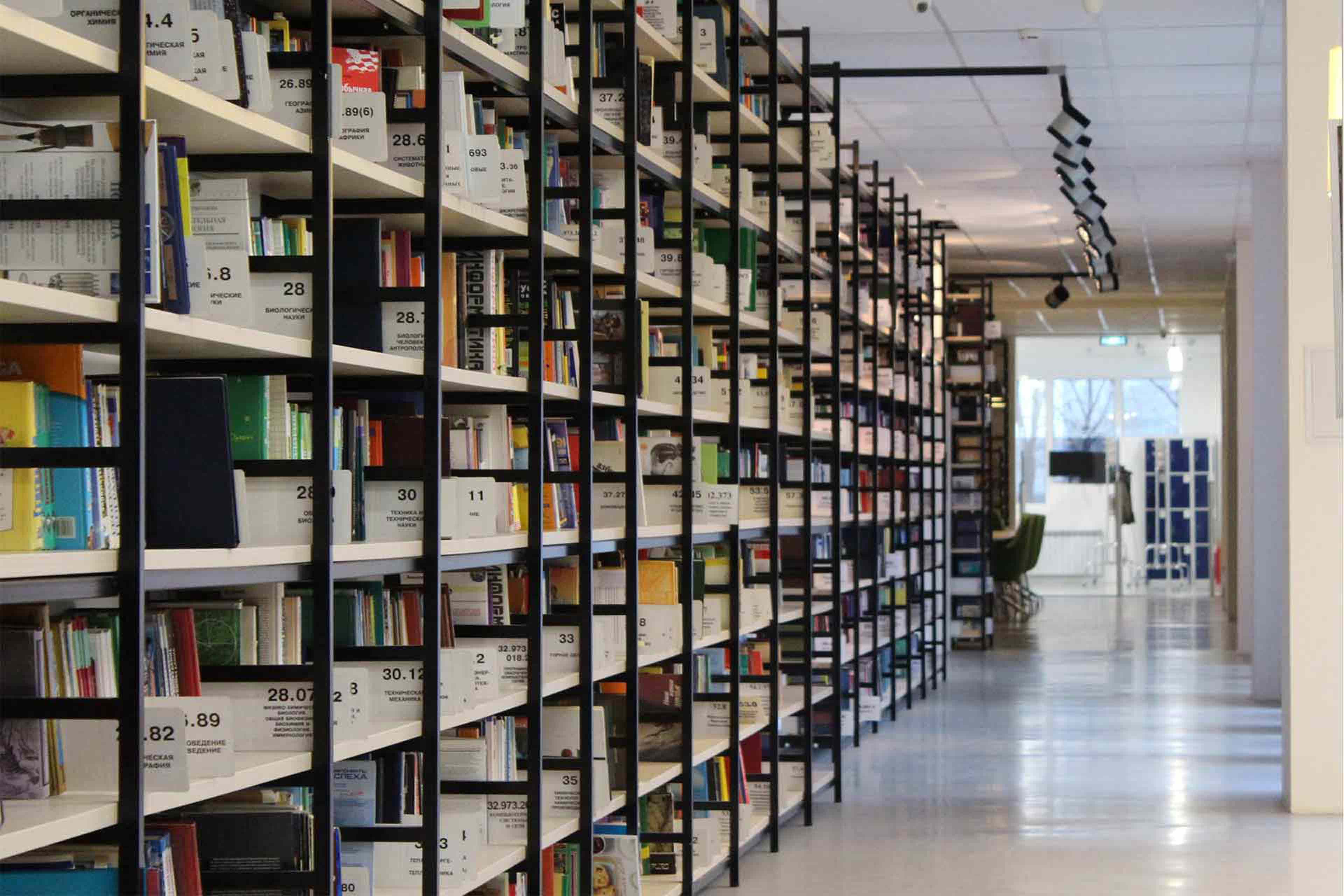 Shelves of books neatly stacked and labeled clearly