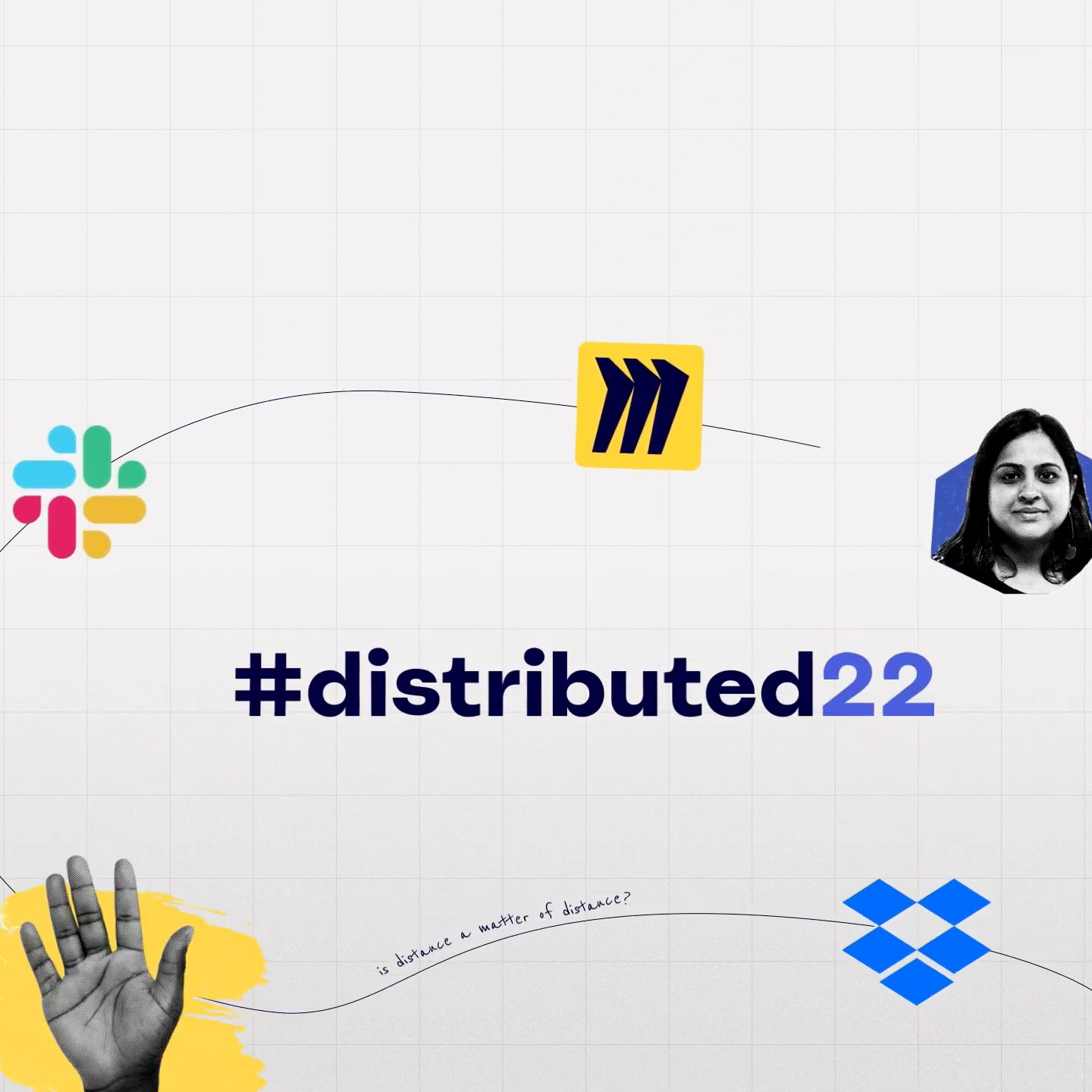 Image statique de démarrage de l'événement #distributed22 avec les logos Miro, Slack et Dropbox