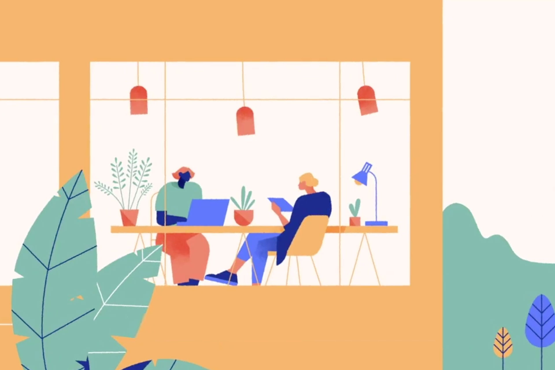 插图：两个人坐在一张桌子旁工作，四周绿植环绕