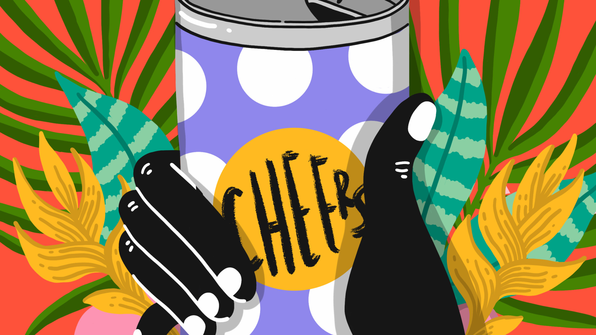 Ilustración colorida de una mano sosteniendo una lata en la que se lee “¡salud!” en inglés