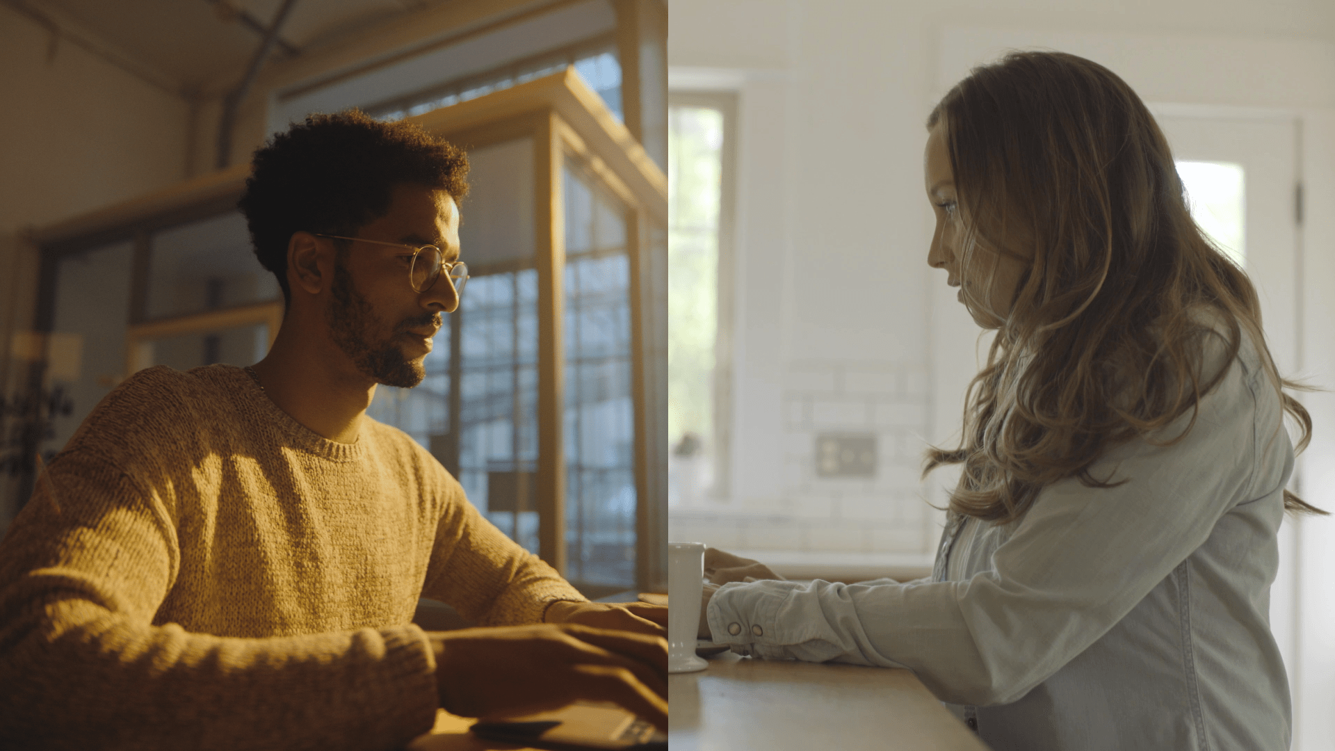 Dos personas trabajando en computadoras en lugares separados