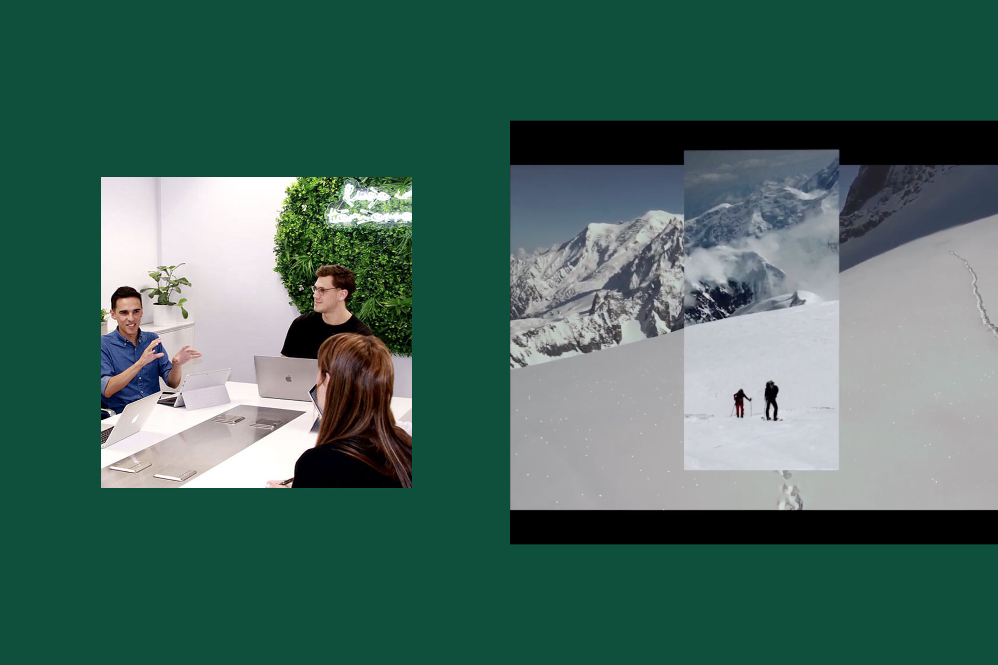 un equipo de tres personas colabora en una oficina y una campaña publicitaria con esquiadores en la montaña