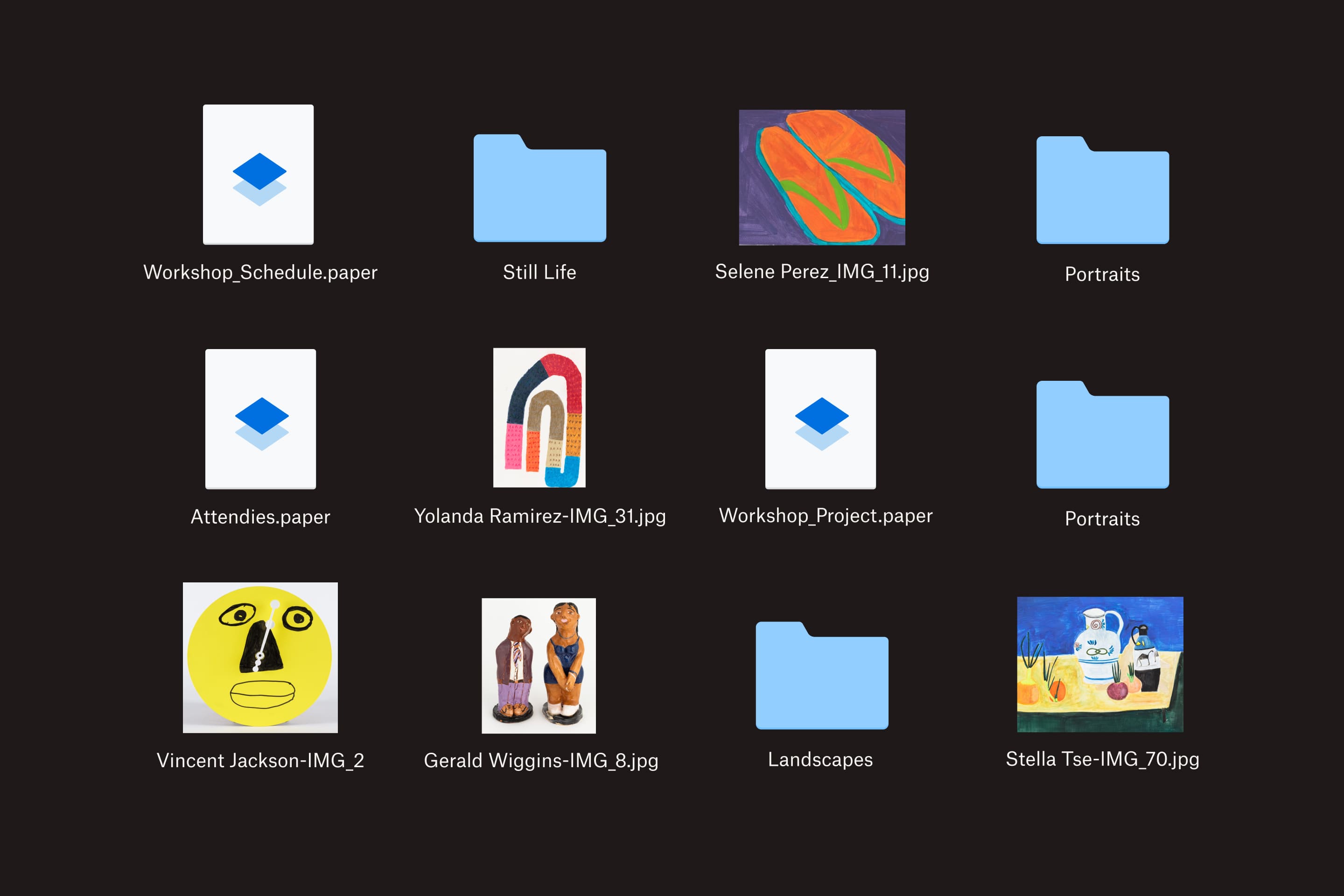 Dwanaście plików i folderów w usłudze Dropbox, które zawierają obrazy sztuki, szczegóły warsztatów i portrety.