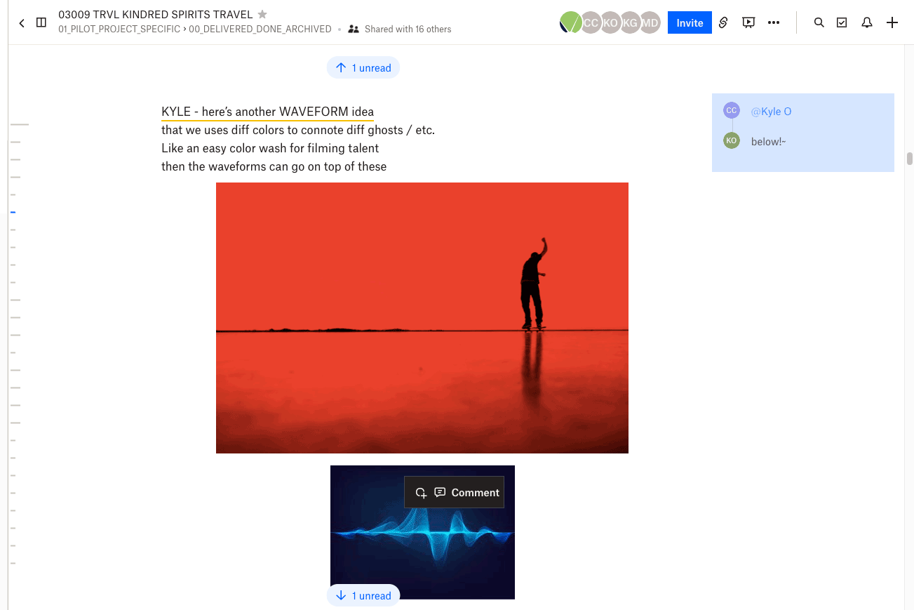Dropbox Paper doc with text commented on and images of silhouetted skateboarder and waveform