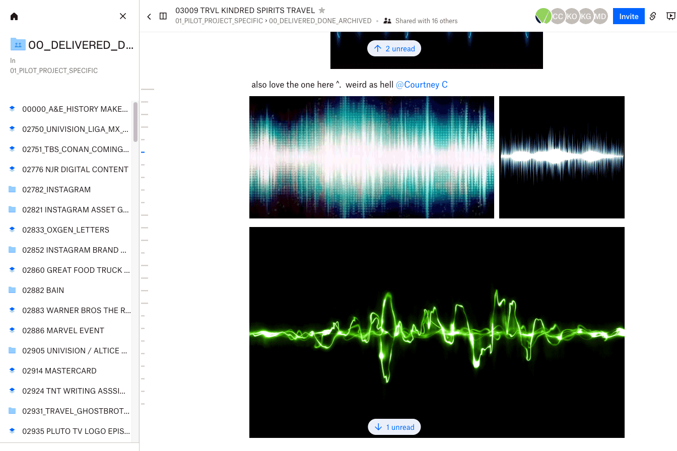 Dropbox Paper doc with folder navigation on left and several waveform images in main section