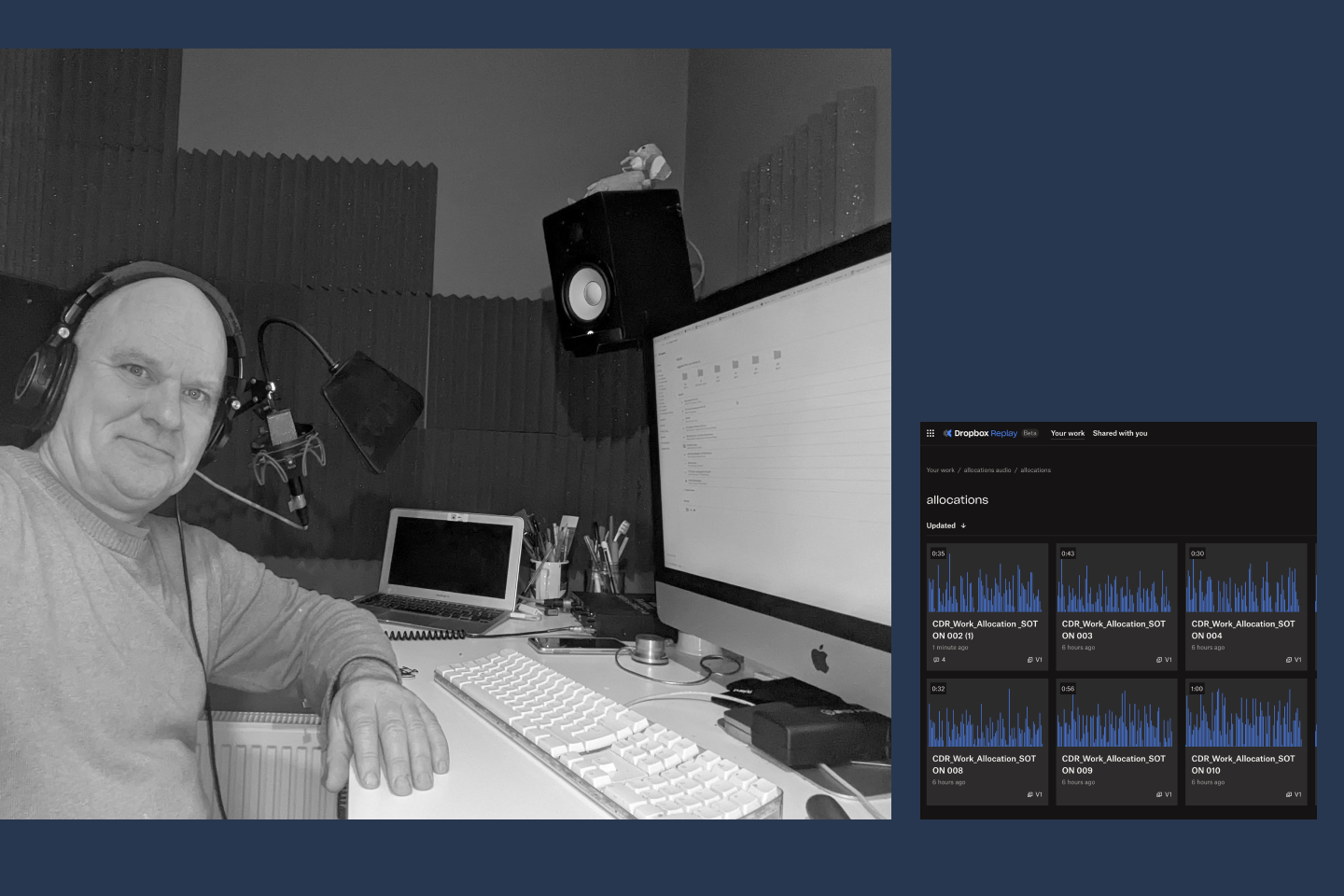 Seorang pria di studio rekaman duduk di depan komputer; Memutar ulang file audio
