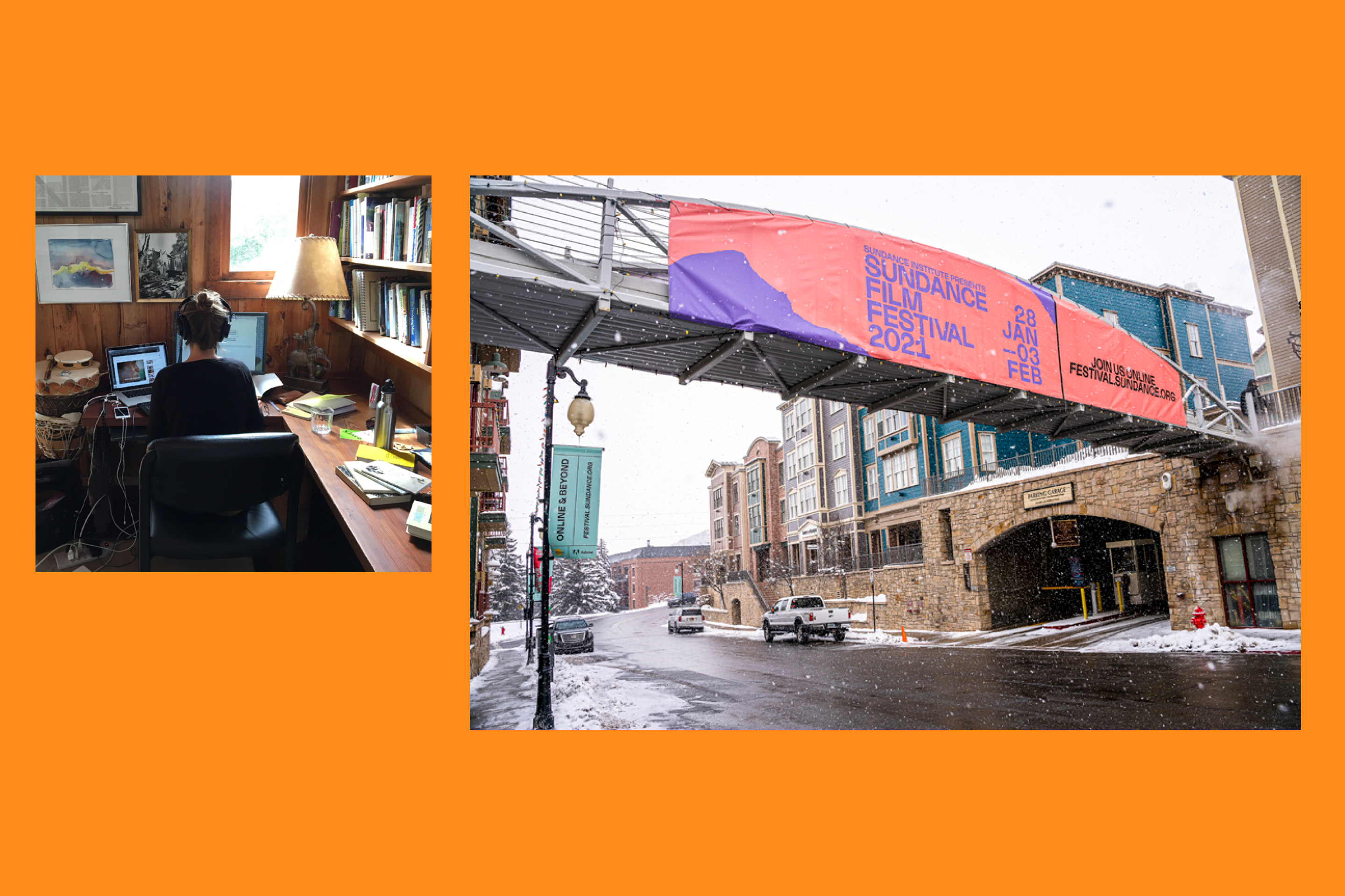 Filmmaker edits on computer; Snowy Park City street with banner for Sundance Film Festival
