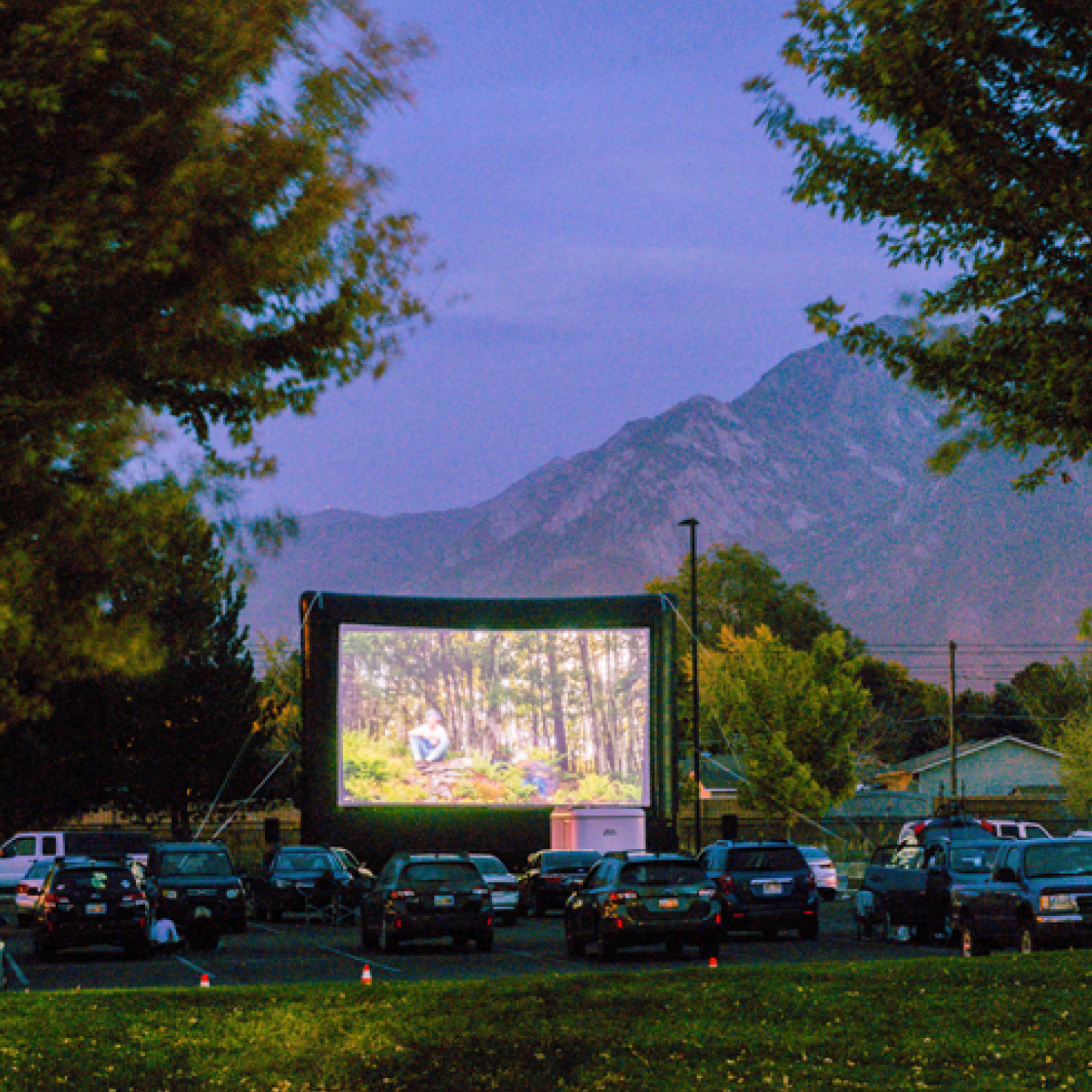 Outdoor film screening in the mountains