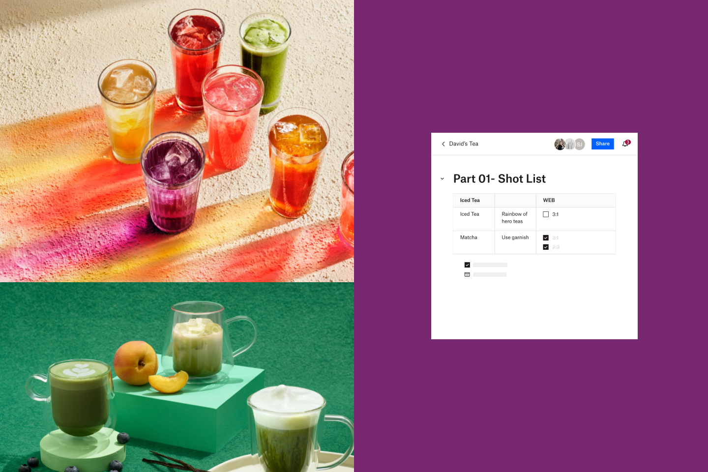 Iced tea in warm colors; Matcha mugs with peach, blueberries, and vanilla on green background; Document with the shot list