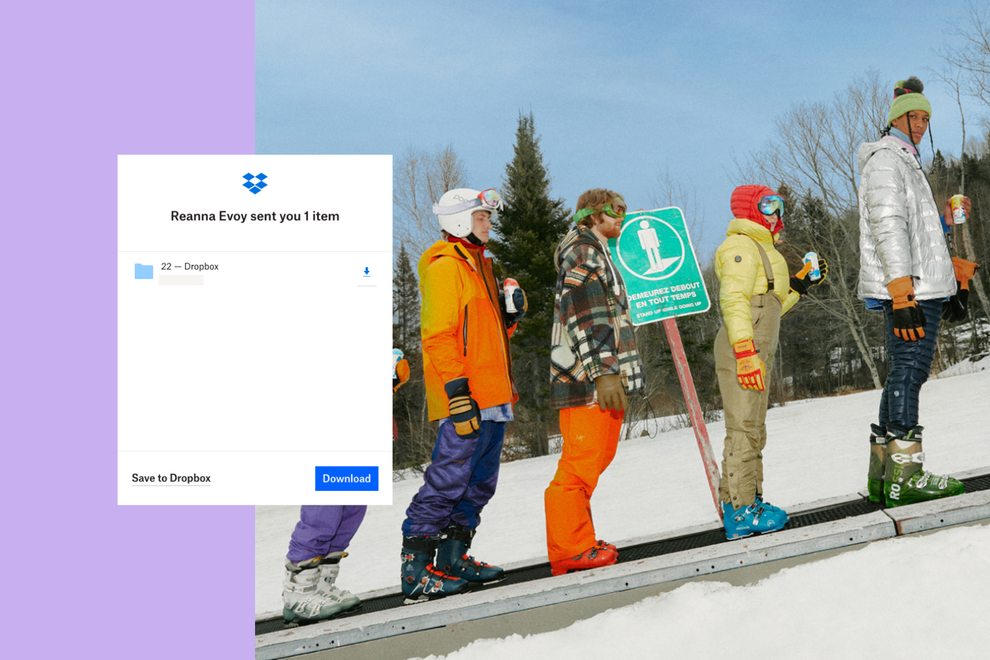 Dropbox Transfer window; people wear ski boots and colorful outerwear in the snow