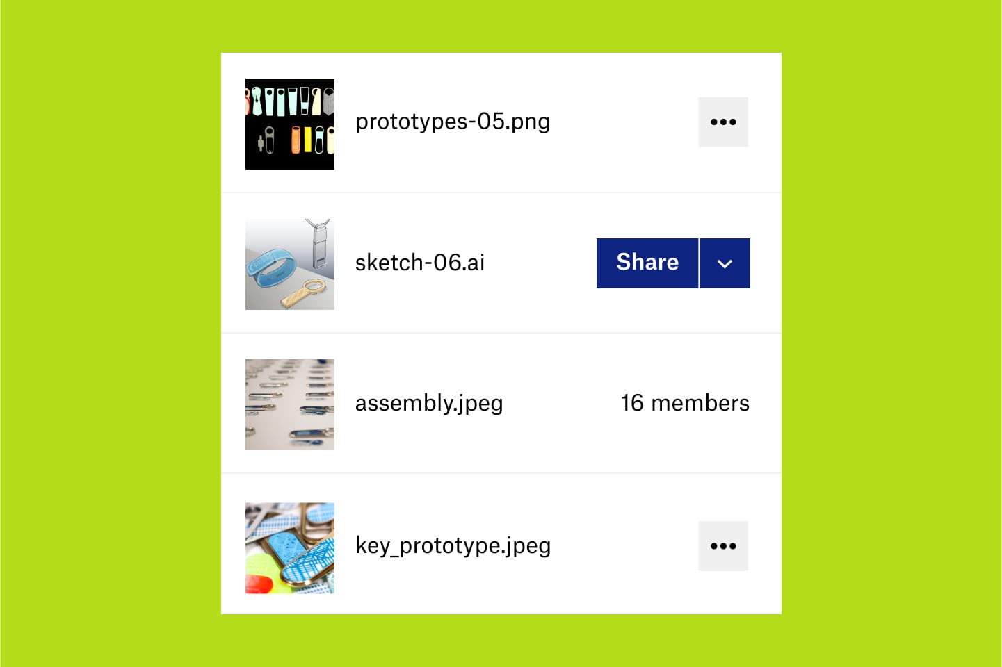 Archivos en una pantalla de Dropbox; uno se está compartiendo. 