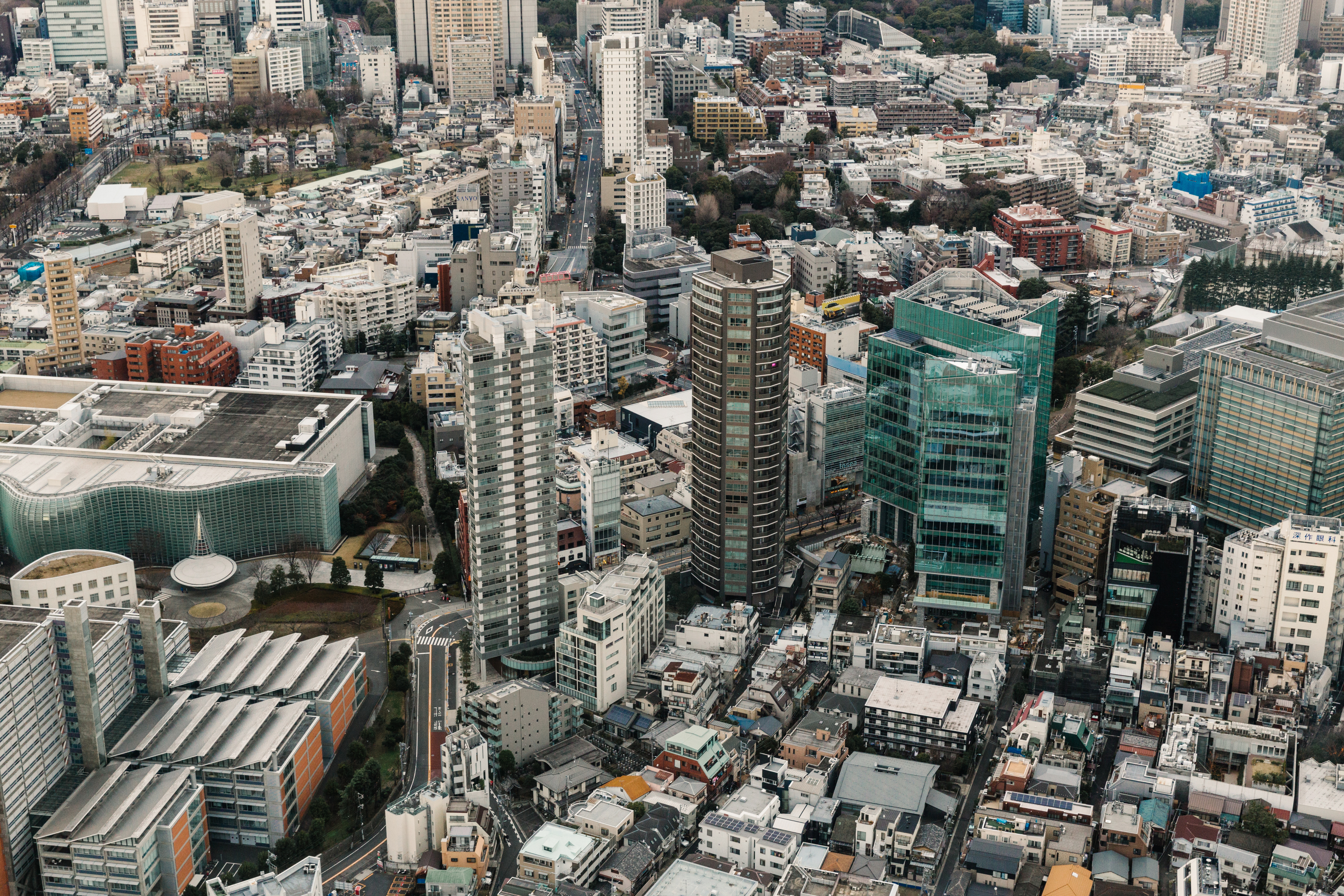 A bird's eye view showing the buildings and streets of a city