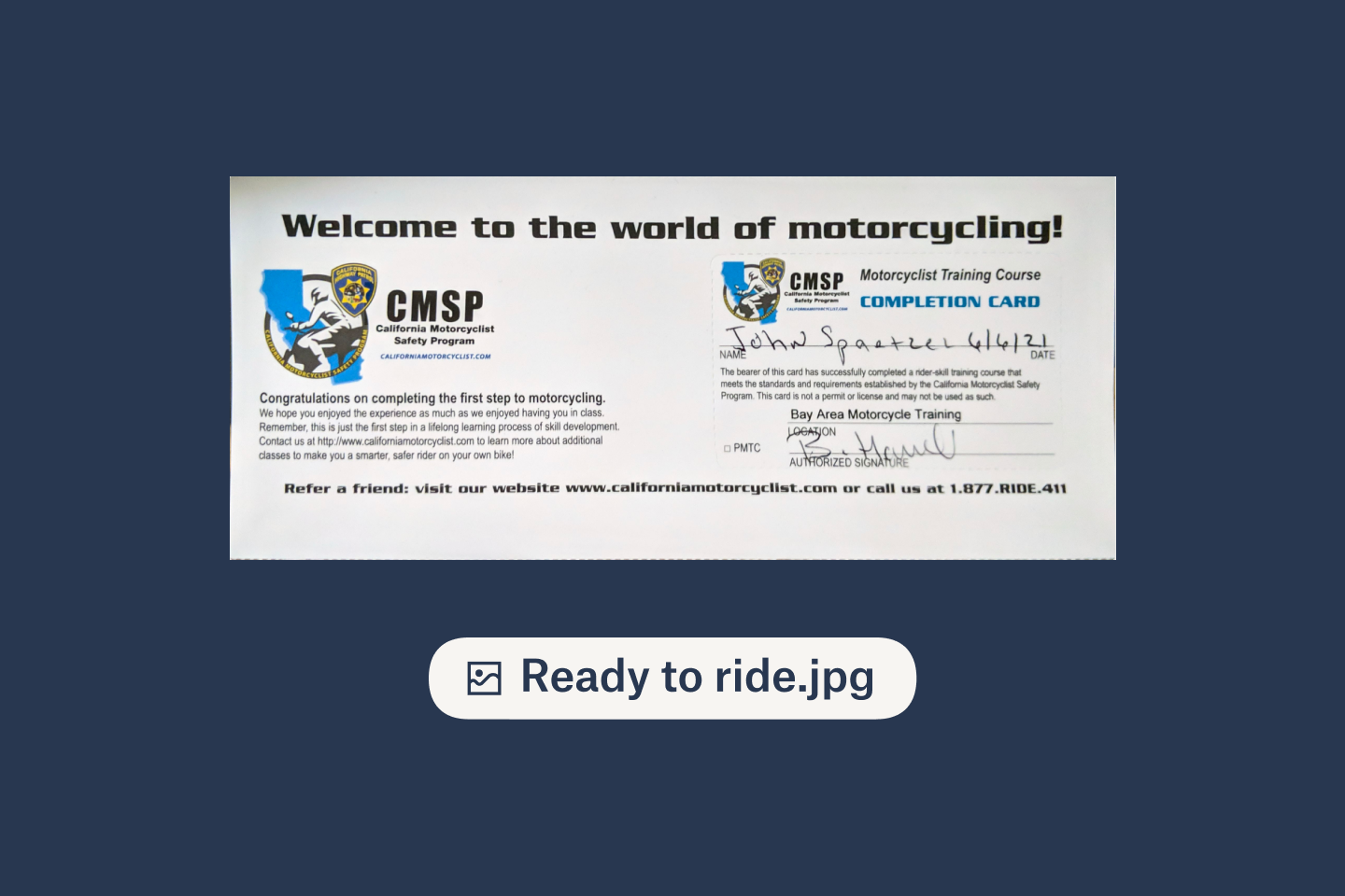 A signed California motorcyclist safety program certificate