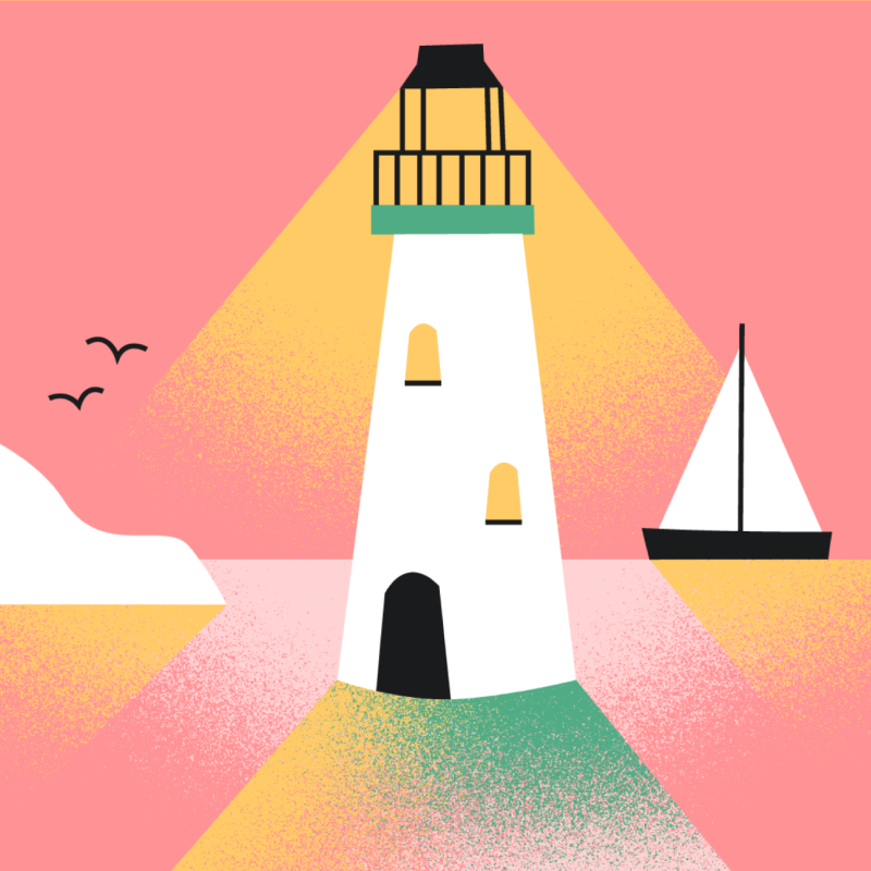 A yellow, white, green, and pink illustration of a lighthouse with the words “Mid-town Santa Cruz” around the image