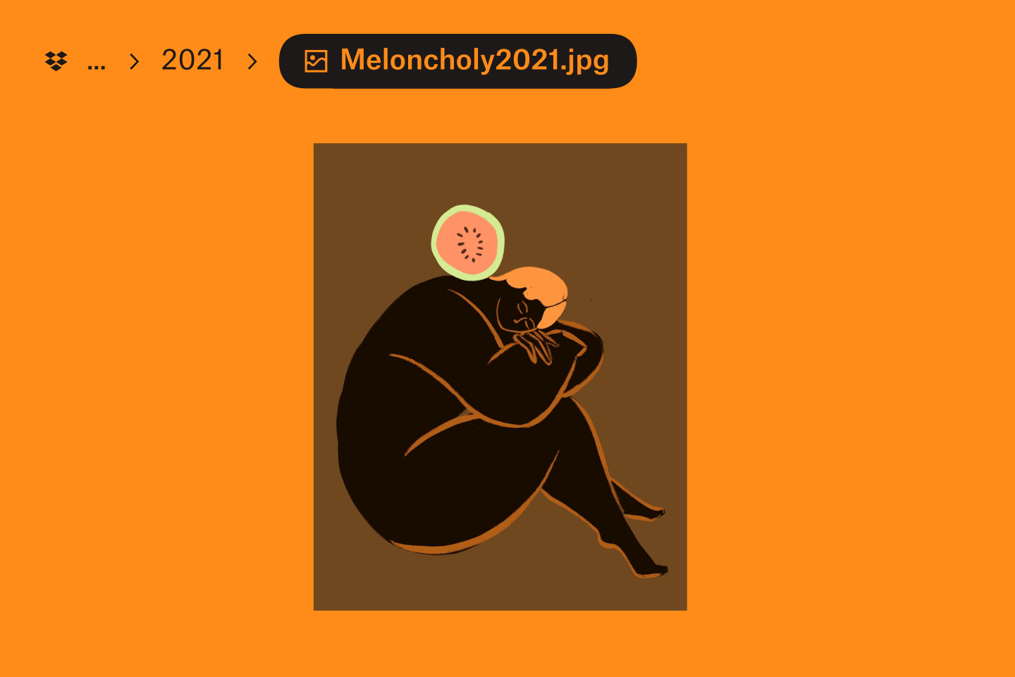 A brown and orange drawing of a woman with a watermelon
