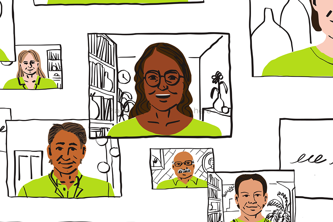 an illustration of a collage of people on video conference calls, all wearing bright-green shirts 