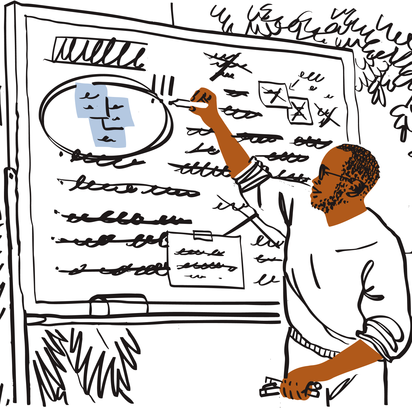 Illustration of a man writing on a project board