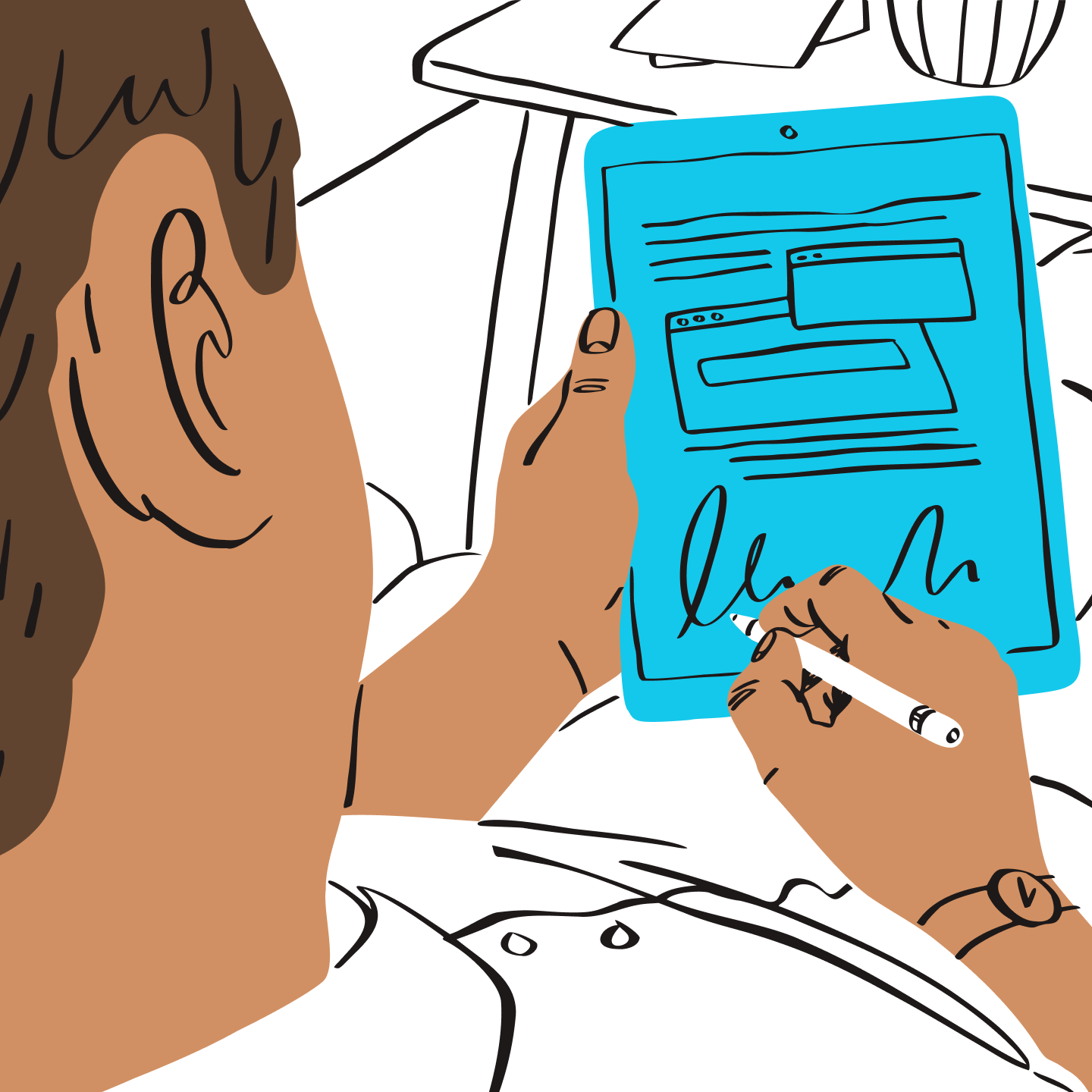 Ilustración de un hombre firmando un contrato en una tablet