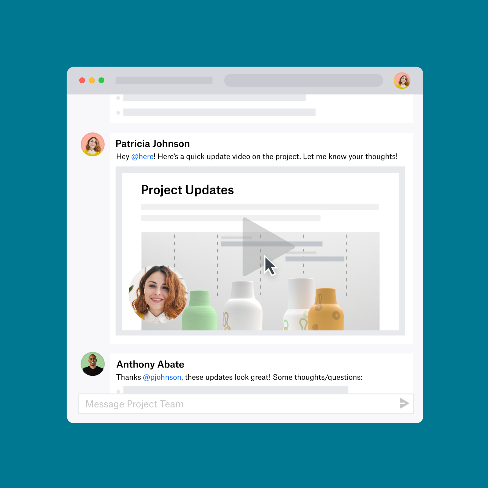 Interface utilisateur avec une personne partageant une vidéo sur l'avancement d'un projet dans un document partagé