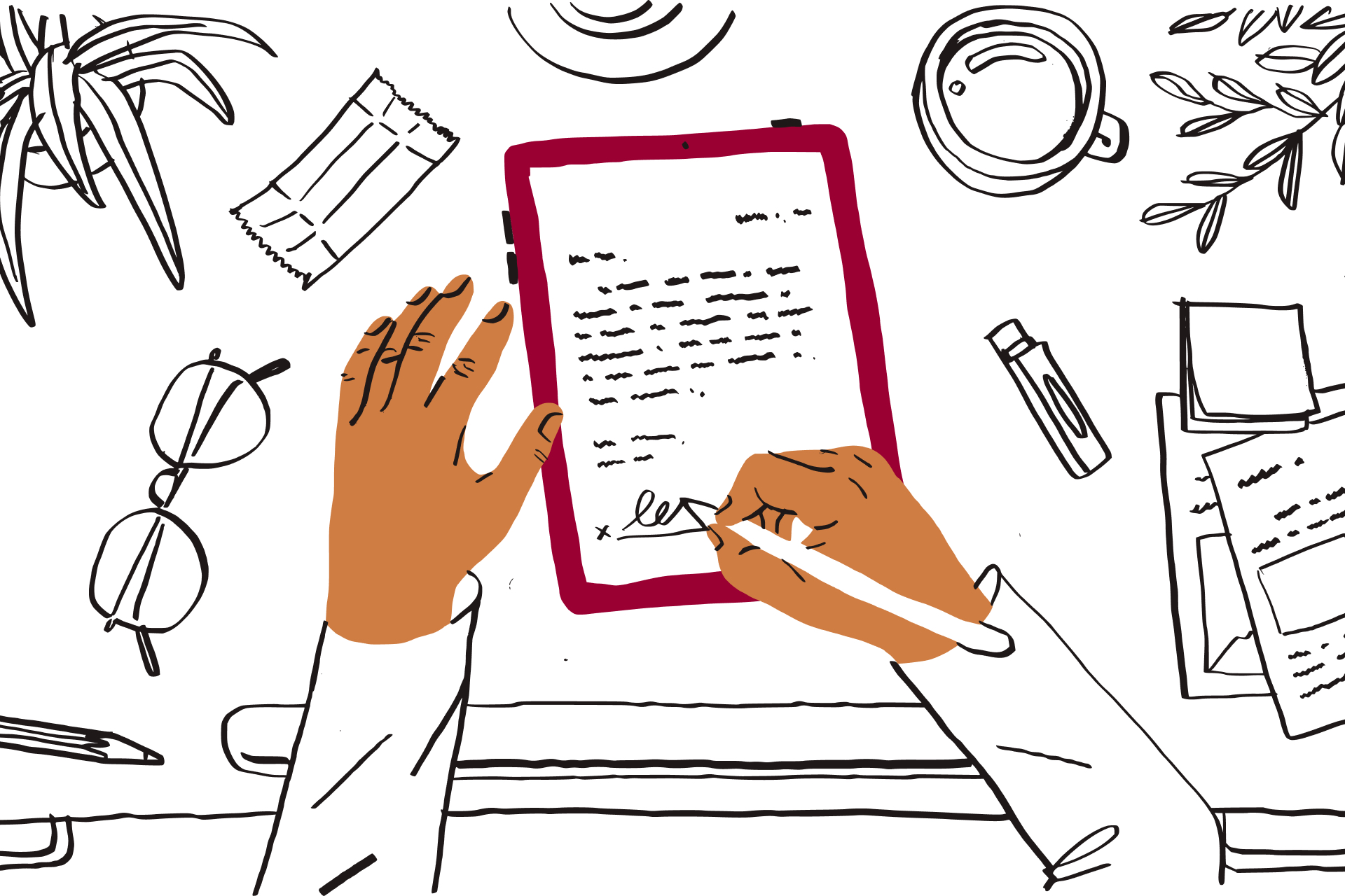 An illustration of a person signing a document in the traditional manner, which can be optimized with eSignature tools like HelloSign from Dropbox