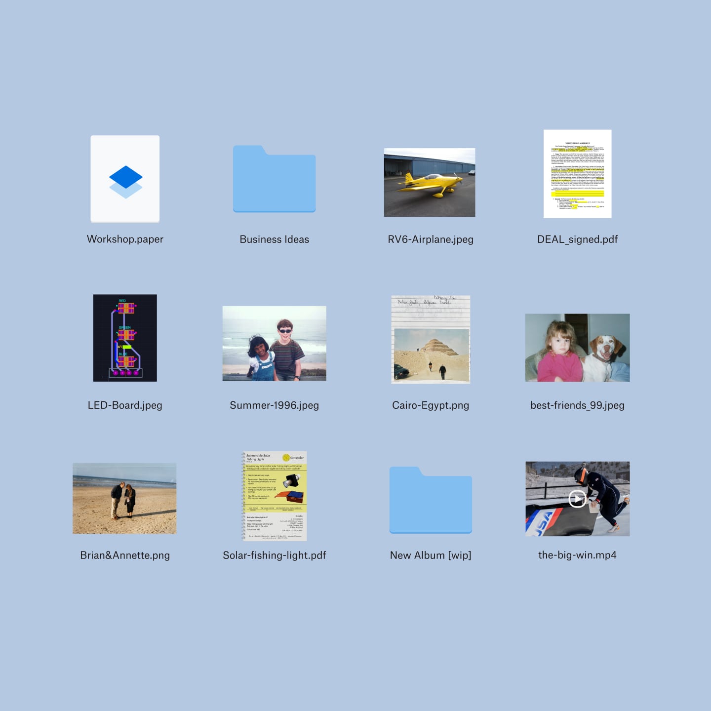 Twelve files and folders in Dropbox, which include images, business ideas and photo albums.