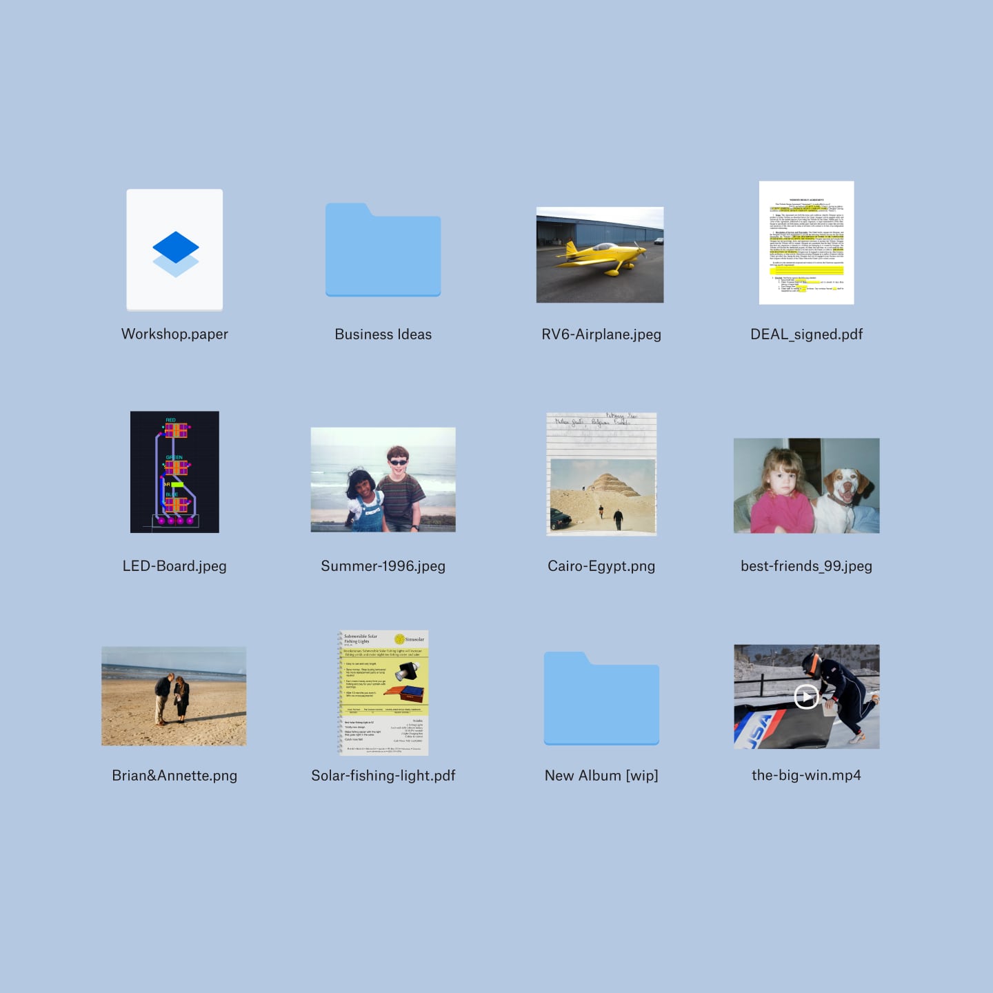 ไฟล์และโฟลเดอร์ใน Dropbox จำนวน 12 รายการ ซึ่งมีทั้งรูปภาพ ไอเดียทางธุรกิจ และอัลบั้มรูปภาพ