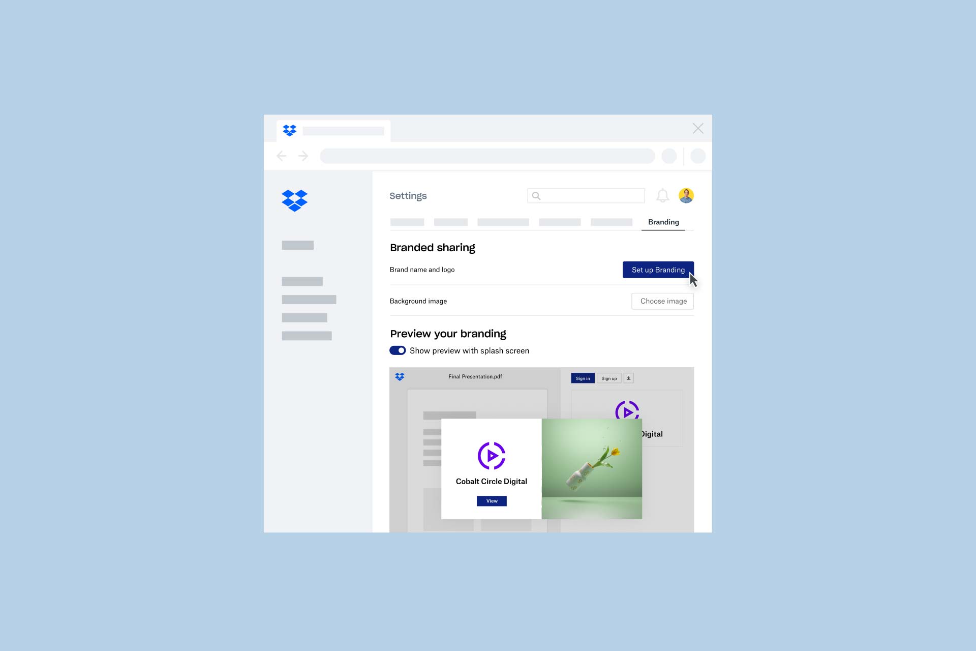 A preview of the branded sharing function in Dropbox