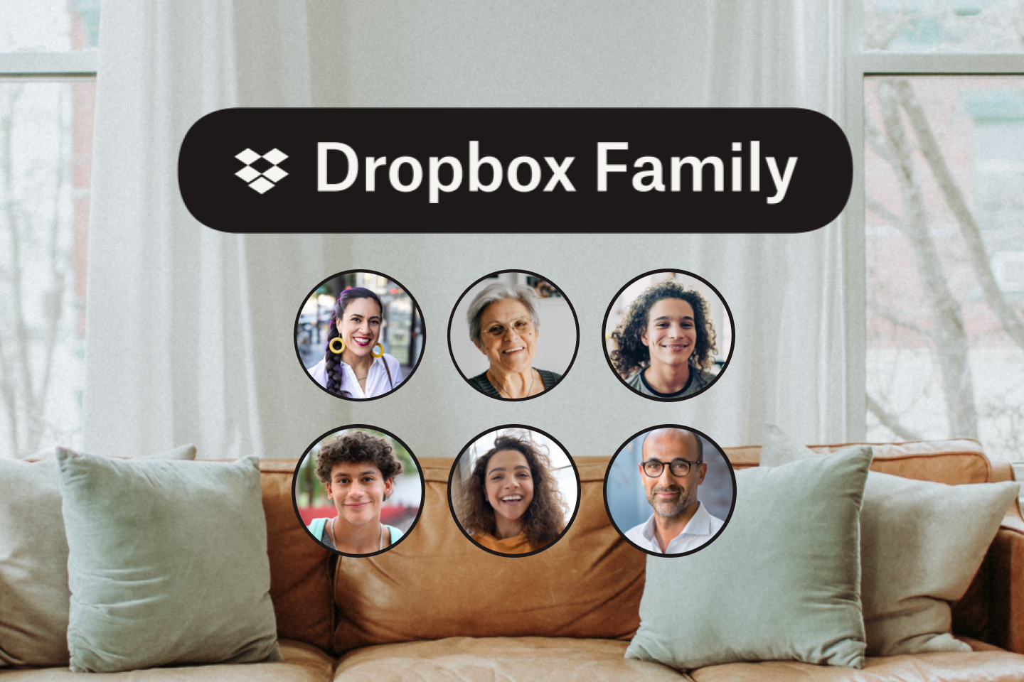 Skórzana kanapa i sześć ikon ze zdjęciami członków rodziny oraz logo Dropbox Family