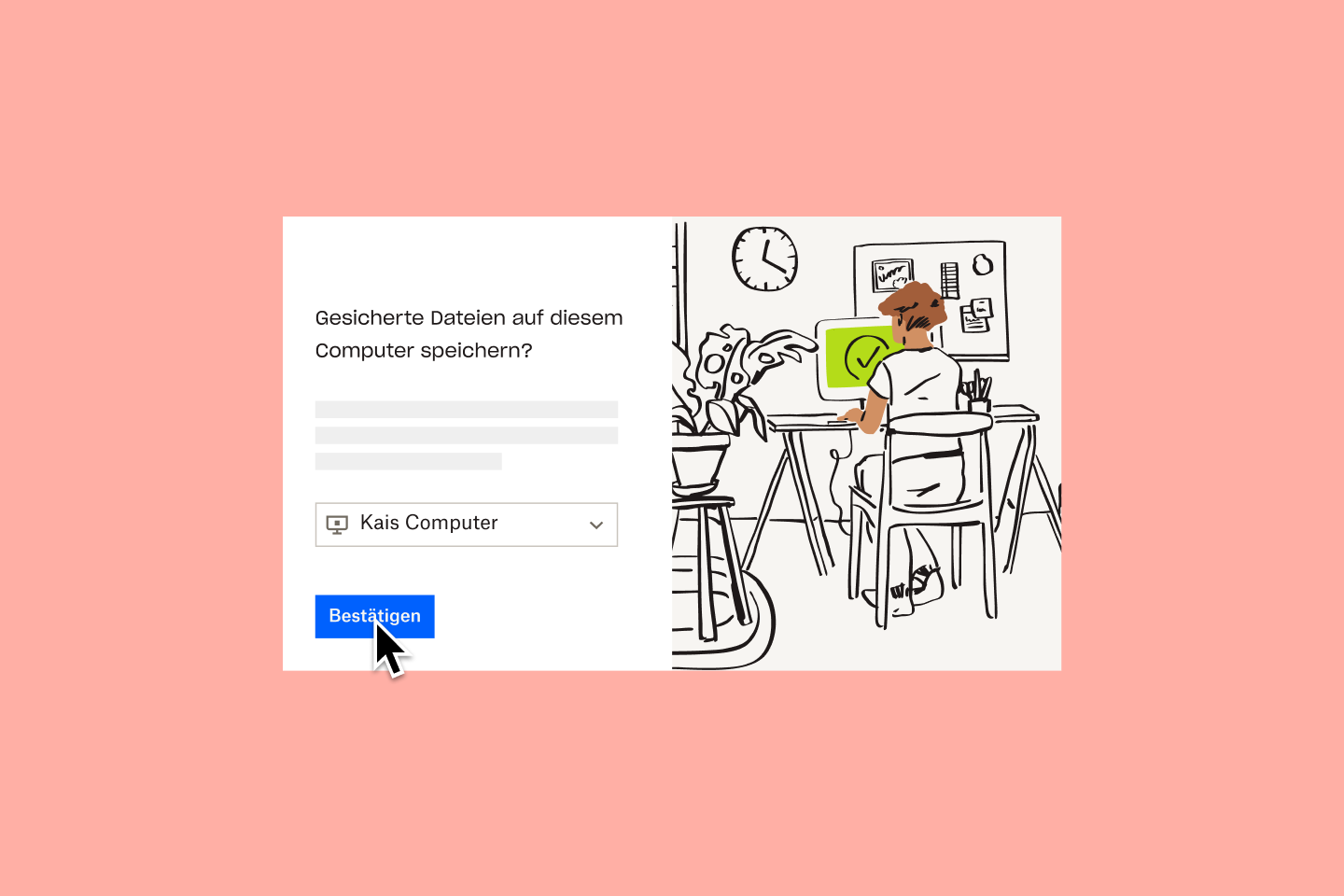 Ein Screenshot des Dropbox Backup-Workflows für die Dateiwiederherstellung neben der Abbildung einer Person, die vor einem Monitor sitzt, auf dem ein Häkchen auf grünem Bildschirm angezeigt wird