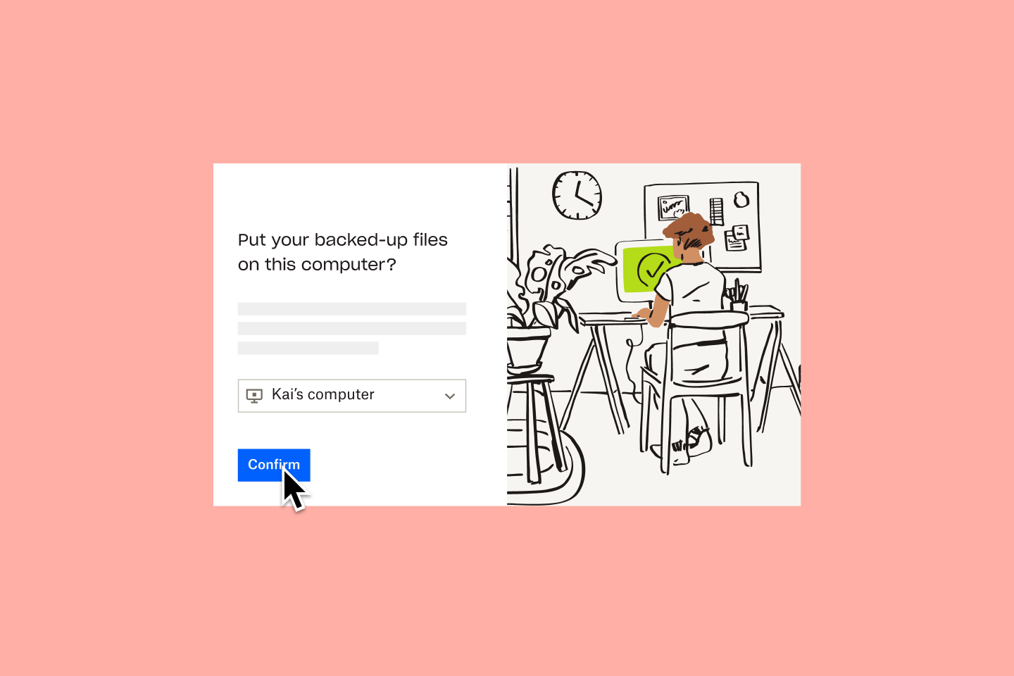 A screenshot of the Dropbox Backup file restoration workflow next to an illustration of a person sitting at a monitor with a green screen and a tick