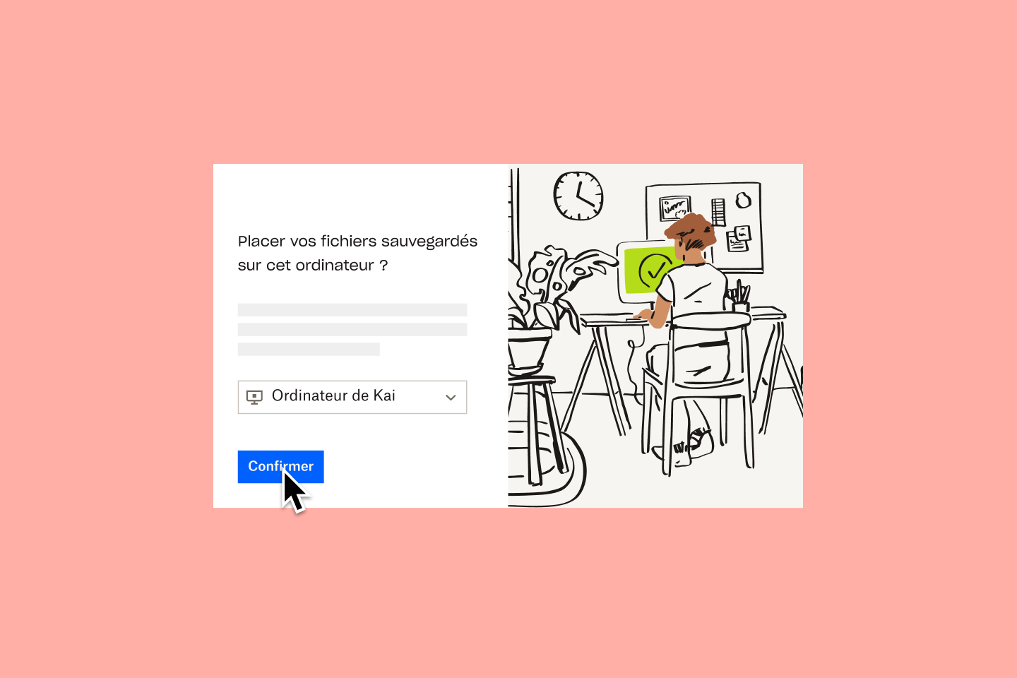 Capture d'écran du workflow de restauration de fichiers Dropbox Backup, à côté de l'illustration d'une personne assise devant un moniteur avec un écran vert et une coche