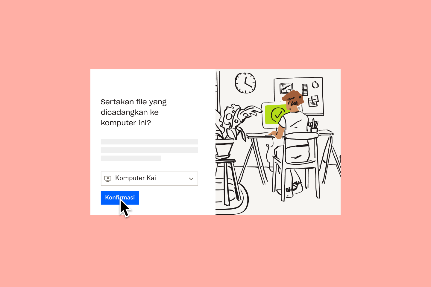 Tangkapan layar alur kerja pemulihan file Dropbox Backup, di samping ilustrasi orang yang duduk di depan monitor dengan layar hijau dan tanda centang