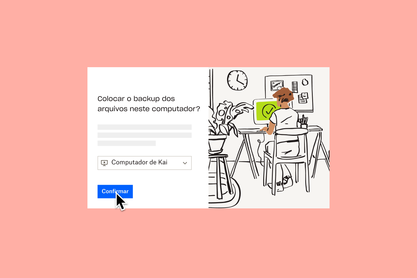 Uma captura de tela do fluxo de trabalho de restauração de arquivo do Dropbox Backup, do lado de uma ilustração de uma pessoa sentada em um monitor com uma tela verde e uma marca de verificação