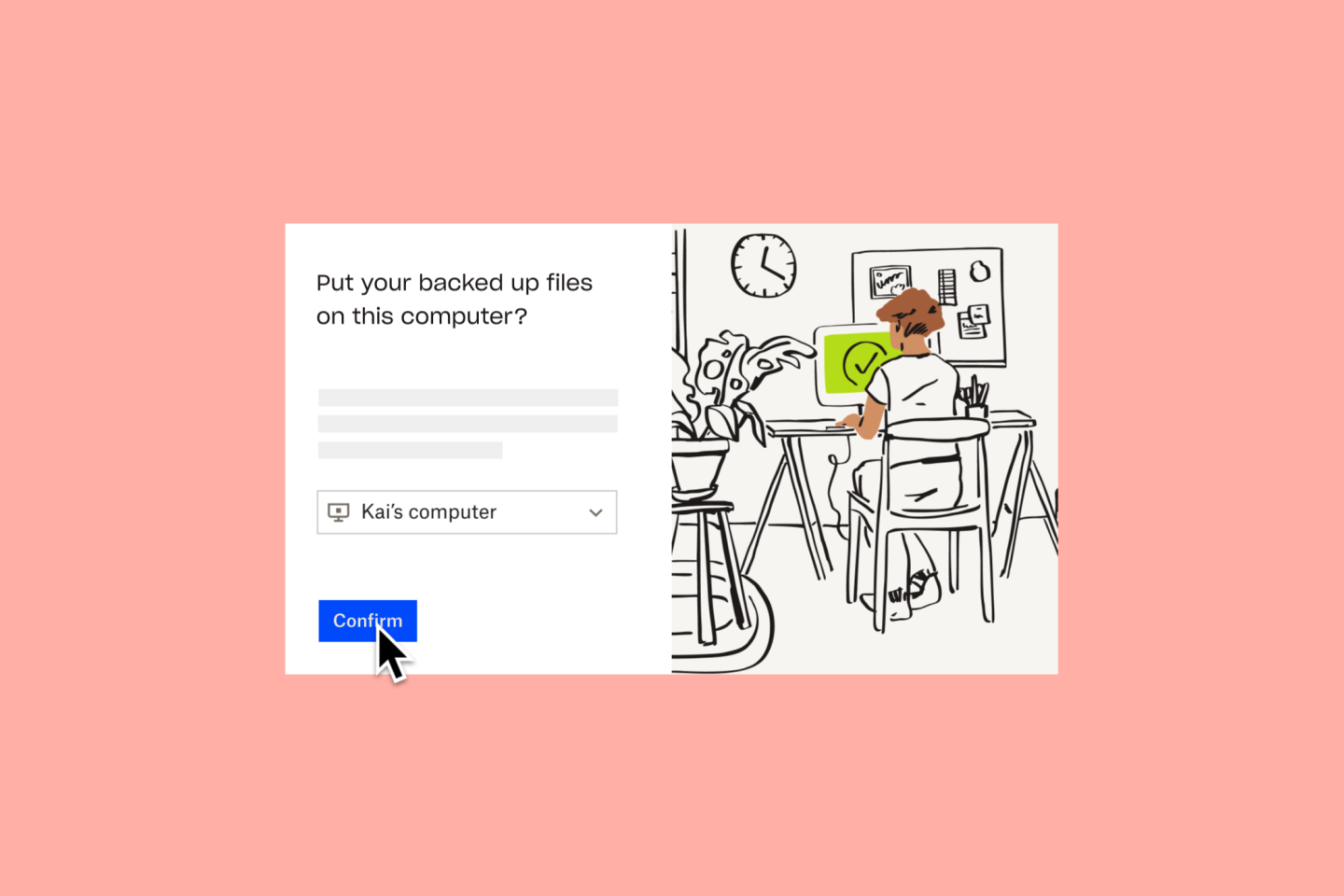 Capture d’écran du processus de restauration de fichiers Dropbox Backup, à côté de l’illustration d’une personne assise devant un moniteur avec un écran vert et un crochet