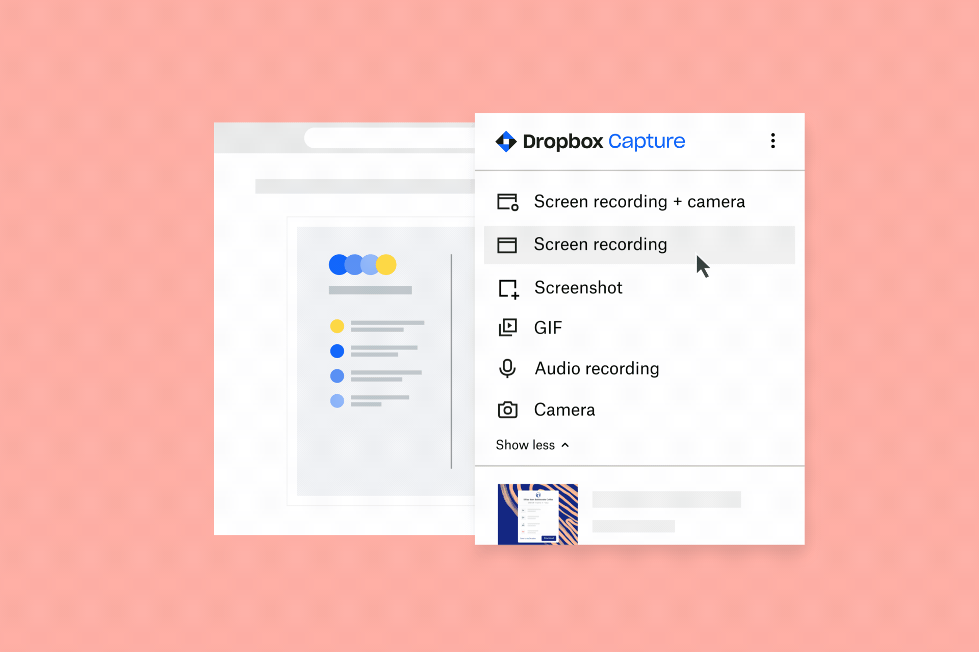 A demonstration of the steps to record your screen, microphone, and webcam simultaneously with Dropbox Capture