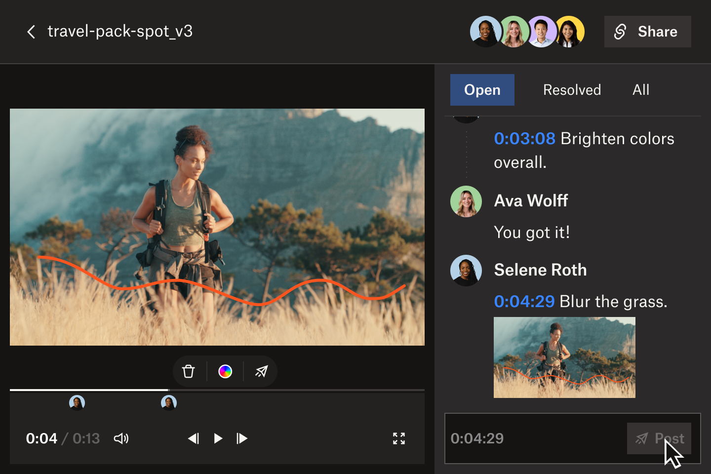 展示 Dropbox Replay 中的「繪畫」工具，能用來對影片提供意見。