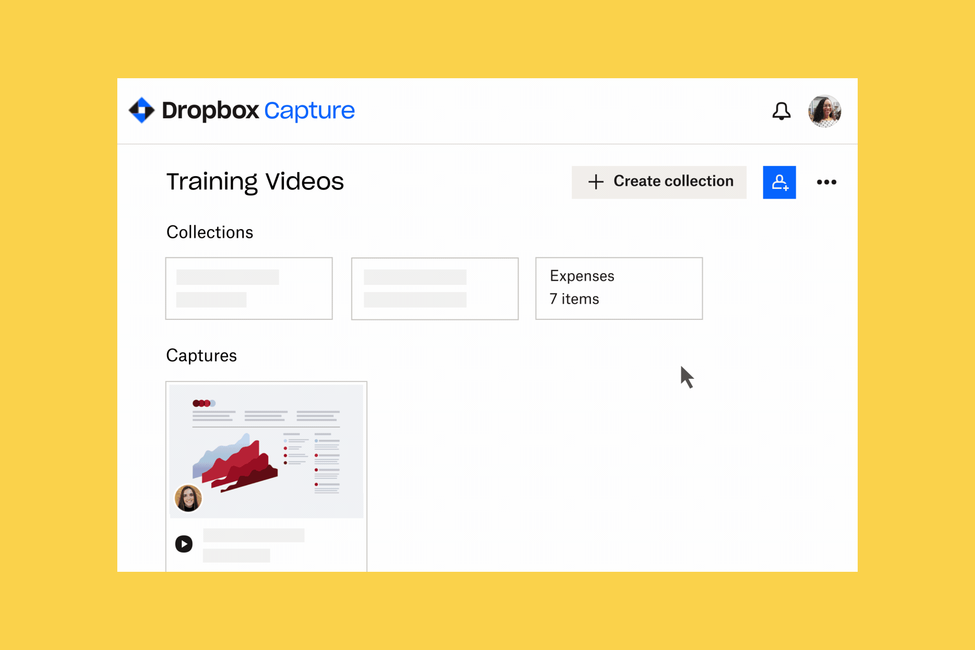 Animowany obraz GIF demonstrujący, jak dodać nagranie z kamery internetowej do kolekcji w Dropbox Capture