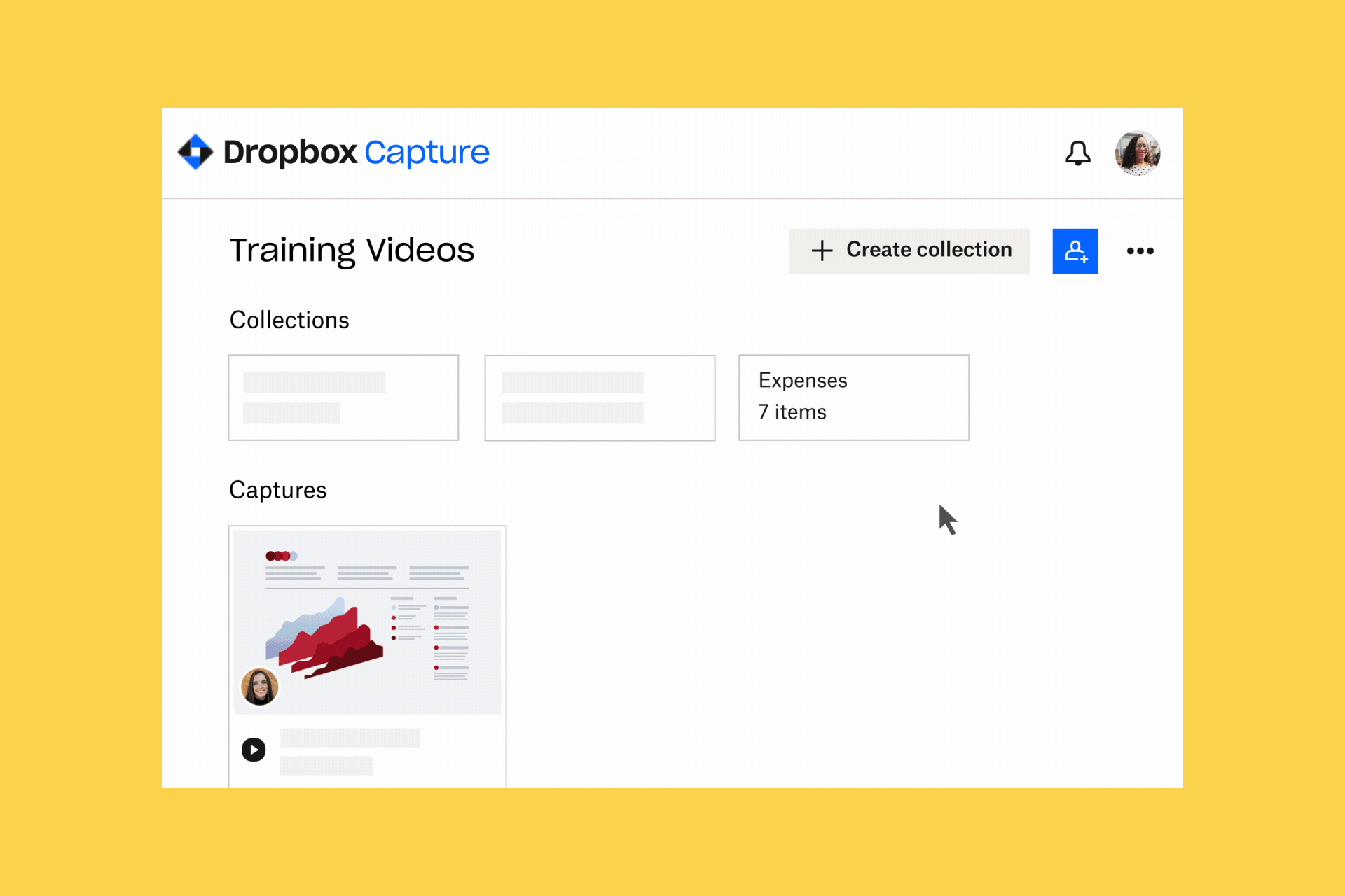 En animert GIF som viser hvordan du legger til et webkamera-opptak i en samling i Dropbox Capture