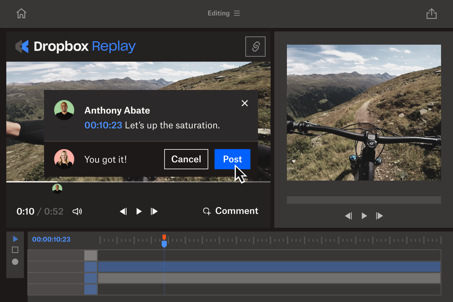 Las notas de fotogramas concretos de Dropbox Replay facilitan la colaboración en proyectos de vídeo.
