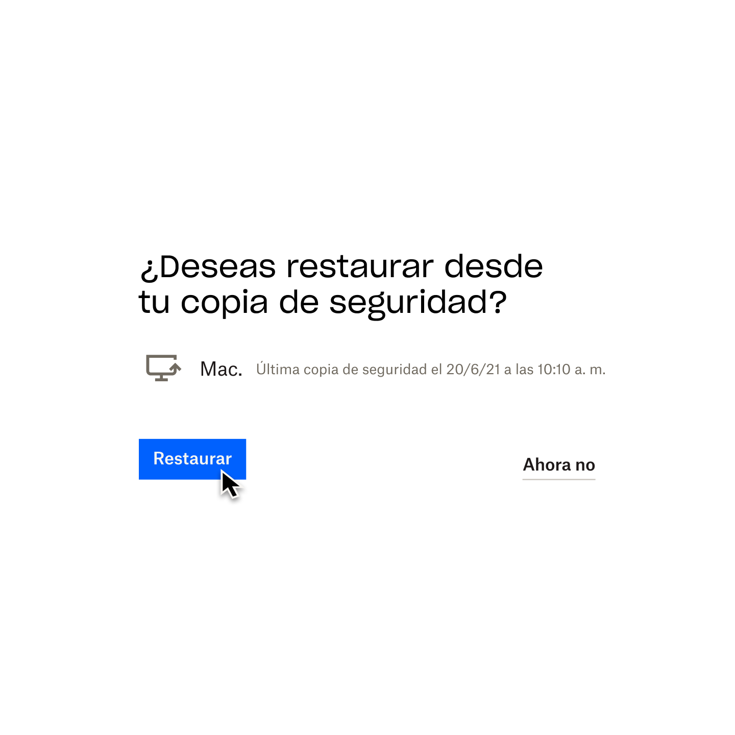 Un aviso de la copia de seguridad de Dropbox te solicita "¿Restaurar desde la copia de seguridad?", con el cursor del mouse sobre un botón denominado "Restaurar".