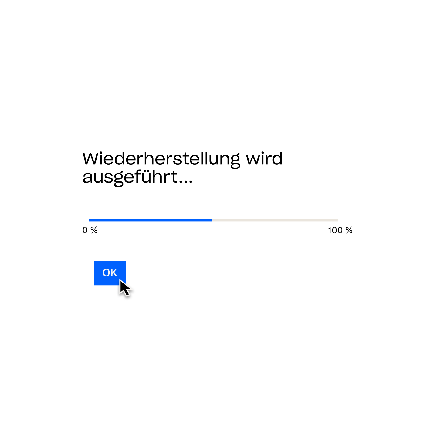 Dropbox Backup-Meldung „Wiederherstellung läuft…“ mit Fortschrittsbalken bei 50 % und Mauszeiger über der Schaltfläche „OK“