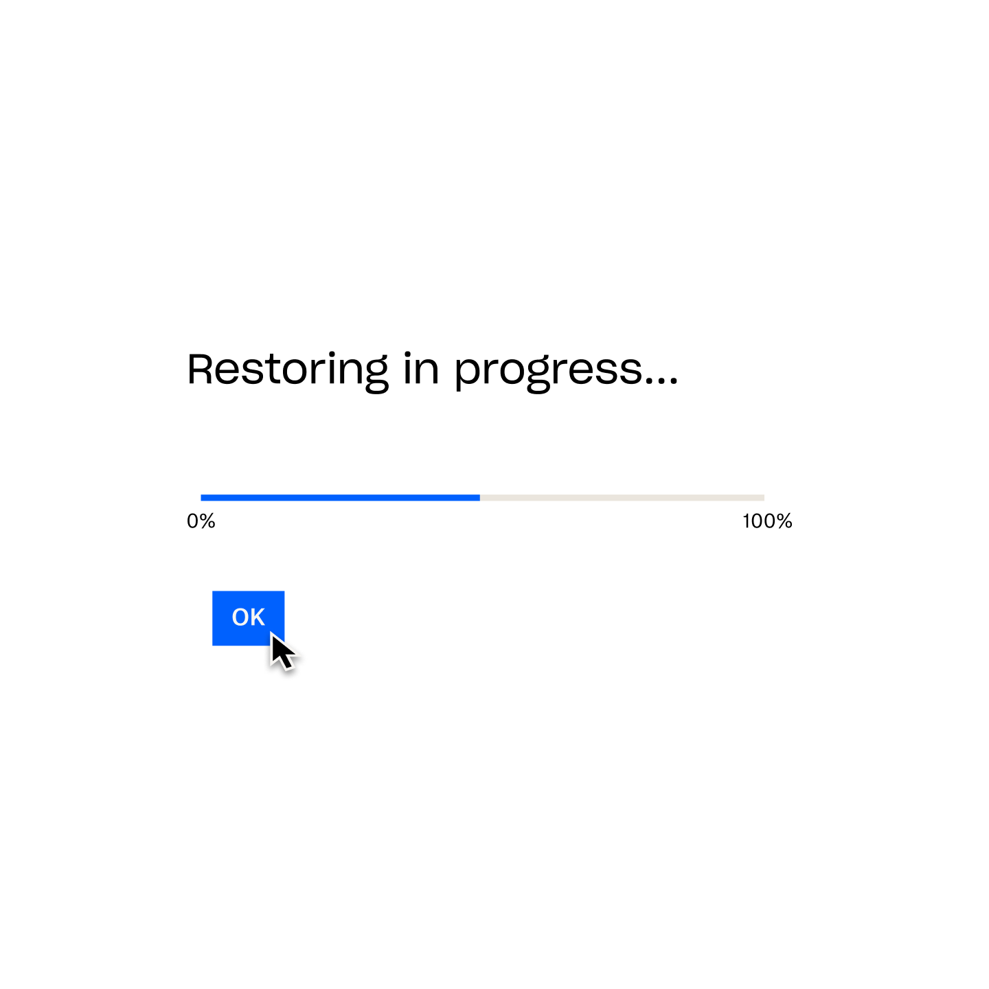 A Dropbox Backup prompt confirms ‘Restoring in progress…’, with a loading bar at 50% and a mouse cursor hovering over a button labelled ‘OK’.