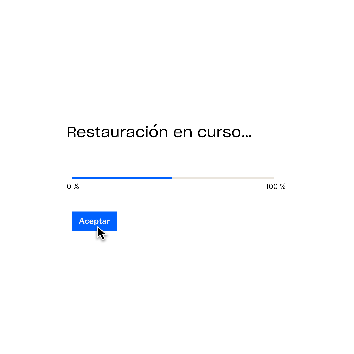 Un aviso de Dropbox Backup confirma "Restauración en curso...", con una barra de carga al 50% y el cursor del mouse sobre un botón denominado "OK". 