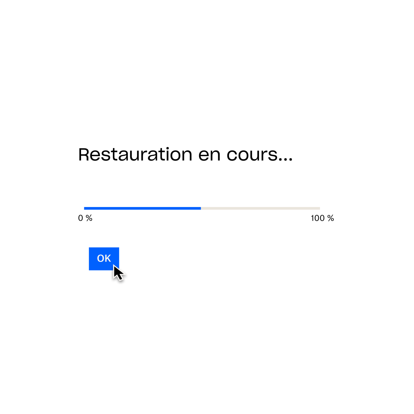 Invite Dropbox Backup indiquant “Restauration en cours...”, avec une barre de chargement à 50 % et le curseur de la souris survolant un bouton intitulé “OK”