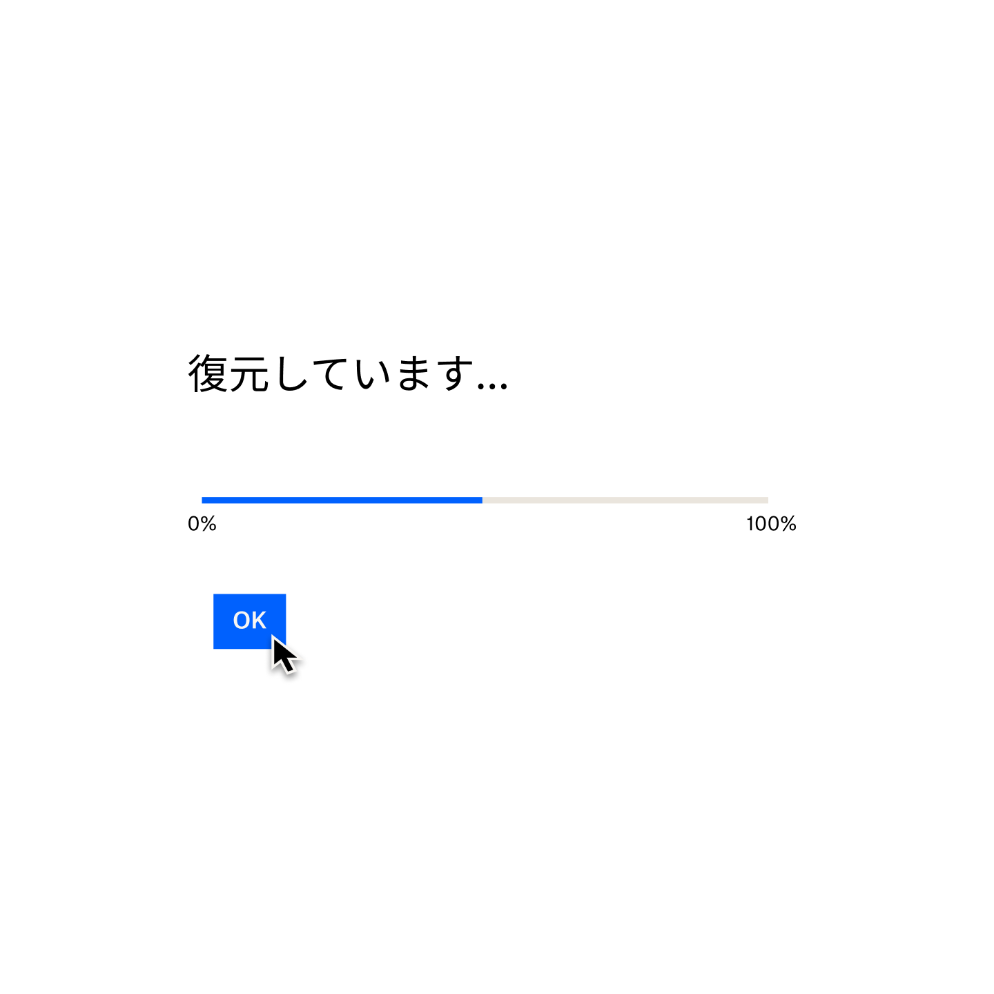 「復元しています…」と表示されている Dropbox Backup のプロンプト。読み込みバーは 50 % を示しており、マウス カーソルが［OK］ボタンの上に置かれている。