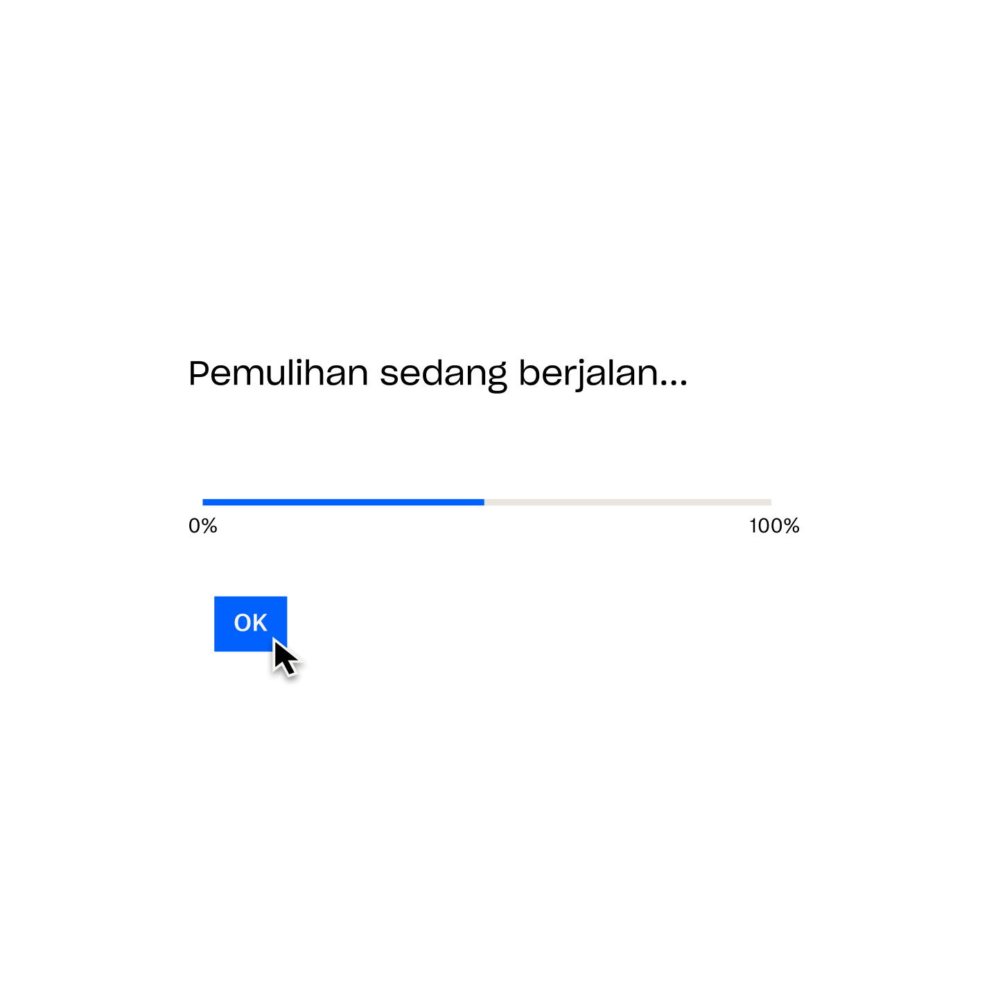 Prom Dropbox Backup mengesahkan “Pemulihan sedang berjalan…”, dengan bar pemuatan pada 50% dan kursor tetikus menuding di atas butang berlabel “OK”.